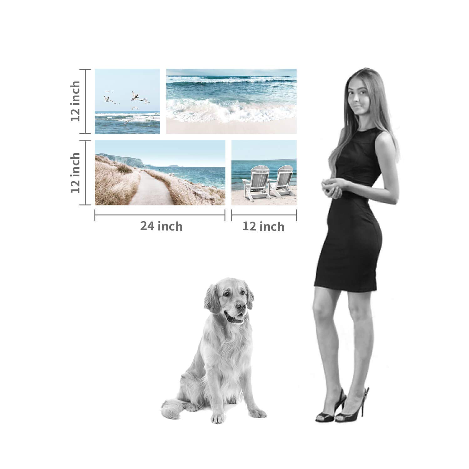 Coastal Beach Canvas Wall Art Set - 12x12 & 24x12 Inch Beach Chair & Seagull Painting Prints for Living Room, Bedroom Decor - Perfect for Beach House, Vacation Home & Coastal Style Interior Design
