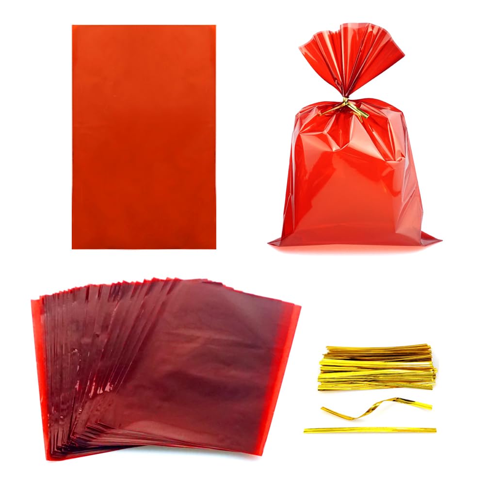 FAZHBARY 100 PCS 6x9 Inch Red Cellophane Gift Bags - Candy Cookie Wrapping Supplies, Party Favors, Wedding Treat Bags, Holiday Goodie Bags for Christmas, Halloween, Birthday Celebrations