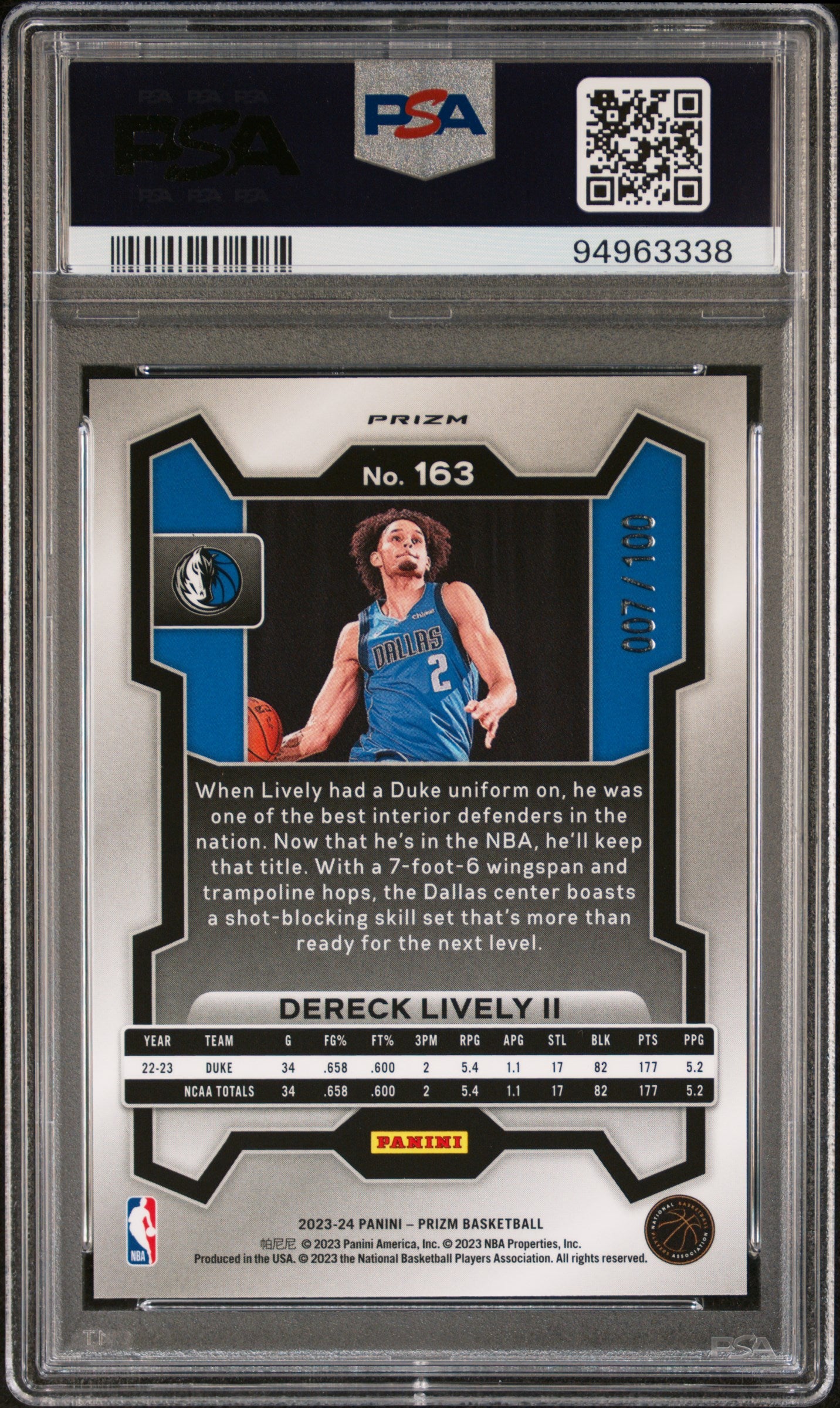 2023 Panini Prizm Dereck Lively II Red Fast Break Basketball Card #163 PSA 10 Gem Mint - Rare 007/100 Limited Edition for NBA Collectors & Dallas Mavericks Fans