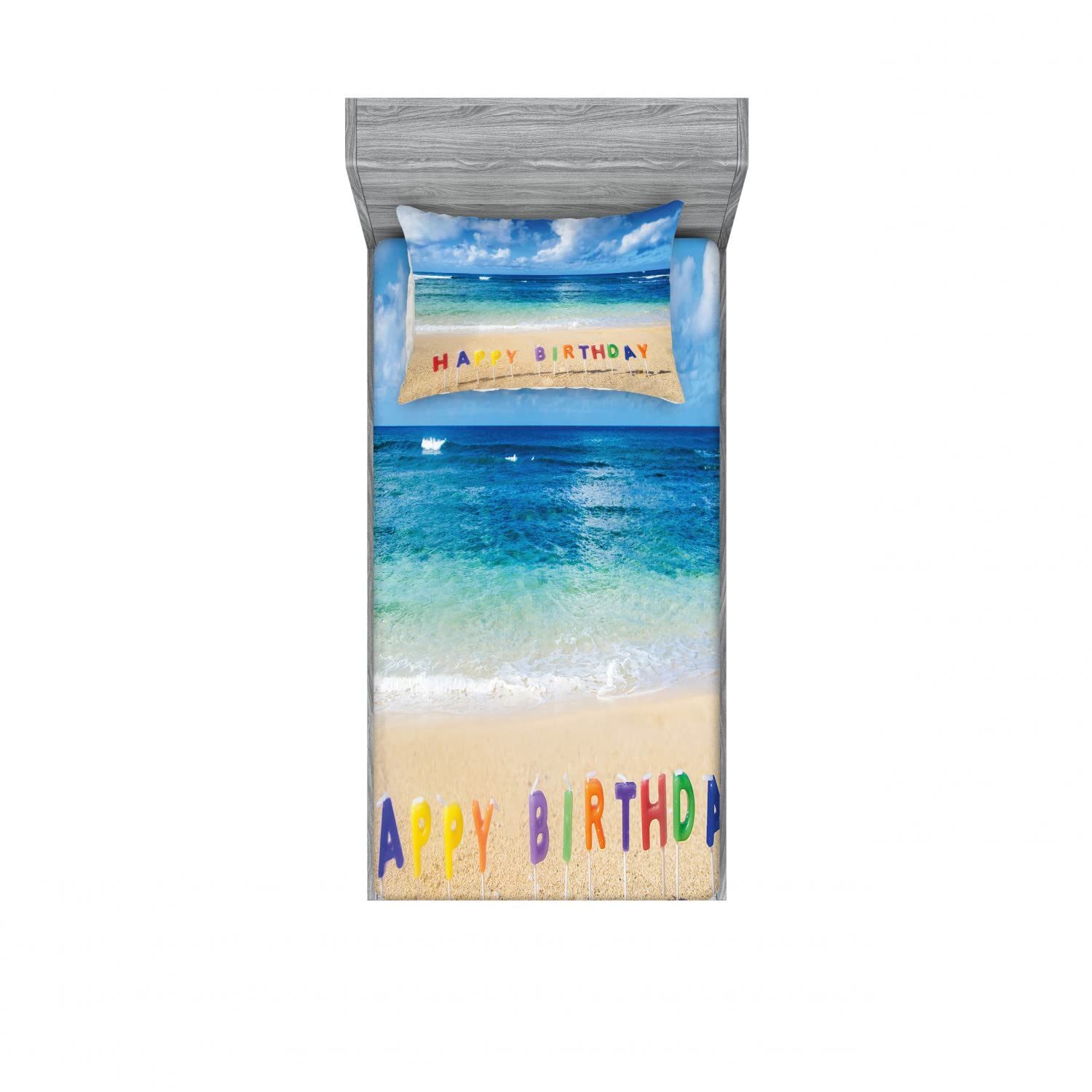 Ambesonne Hawaiian 2-Pack Twin XL Fitted Sheets & Pillow Sham Set - 4-Piece Bedding Decor with Happy Birthday Sign, Vibrant Multicolor Design - Perfect for Birthday Parties, Dorm Rooms & Tropical Themed Bedrooms