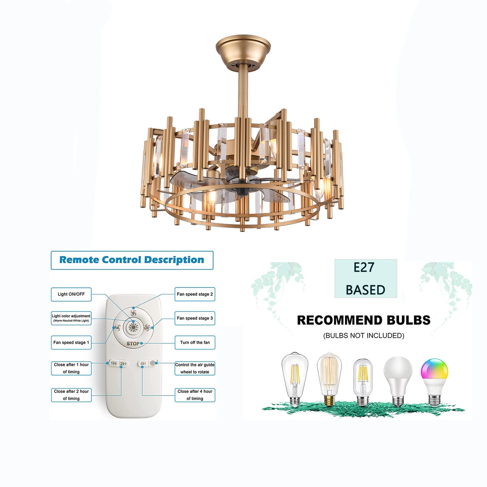 Bladeless Ceiling Fan with Light - 3 Speed Adjustable, Remote Control, Low Profile Industrial Fan for Living Room, Bedroom, Kitchen - Enclosed Safe Design with 4 E27 Bases (Bulbs Not Included) | Perfect for Modern Homes, Offices, and Small Spaces