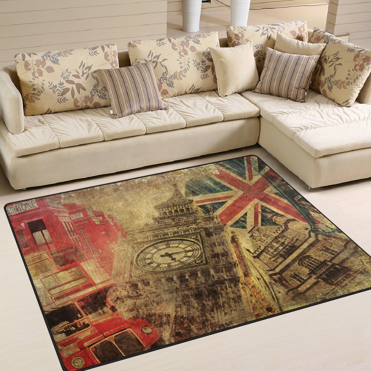 ALAZA Vintage London Big Ben Union Jack Area Rug - 7'x5' British Flag Design for Living Room, Bedroom, Dorm Decor | Home Office, Nursery & Entryway Floor Mat