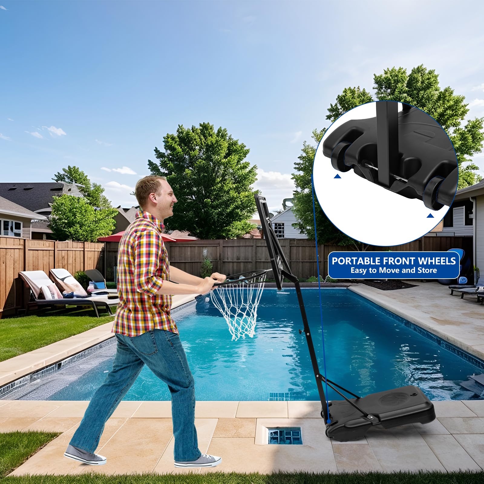 DEBERG Adjustable 3-4ft Portable Pool Basketball Hoop Set with Wheels, Shatterproof Backboard, Ball & Air Pump - Perfect for Backyard Swimming Pool Games, Summer Water Fun & Family Outdoor Activities