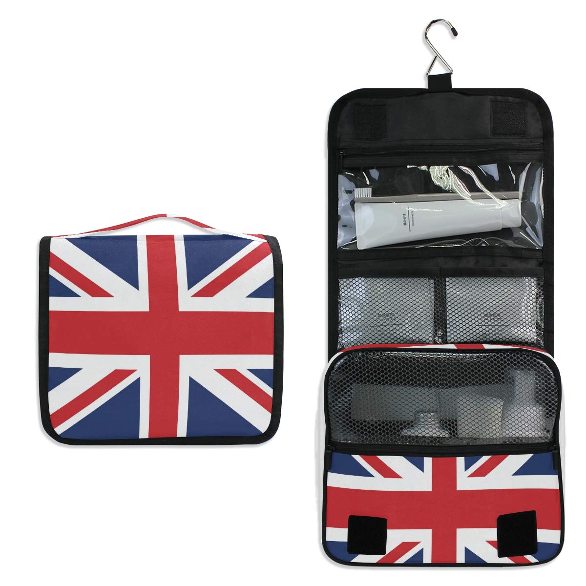 ALARGE Hanging Toiletry Bag with British Union Jack Flag Design - Large Portable Travel Cosmetic Organizer for Women & Men - Perfect for Camping, Gym, Business Trips and Vacation Essentials Storage