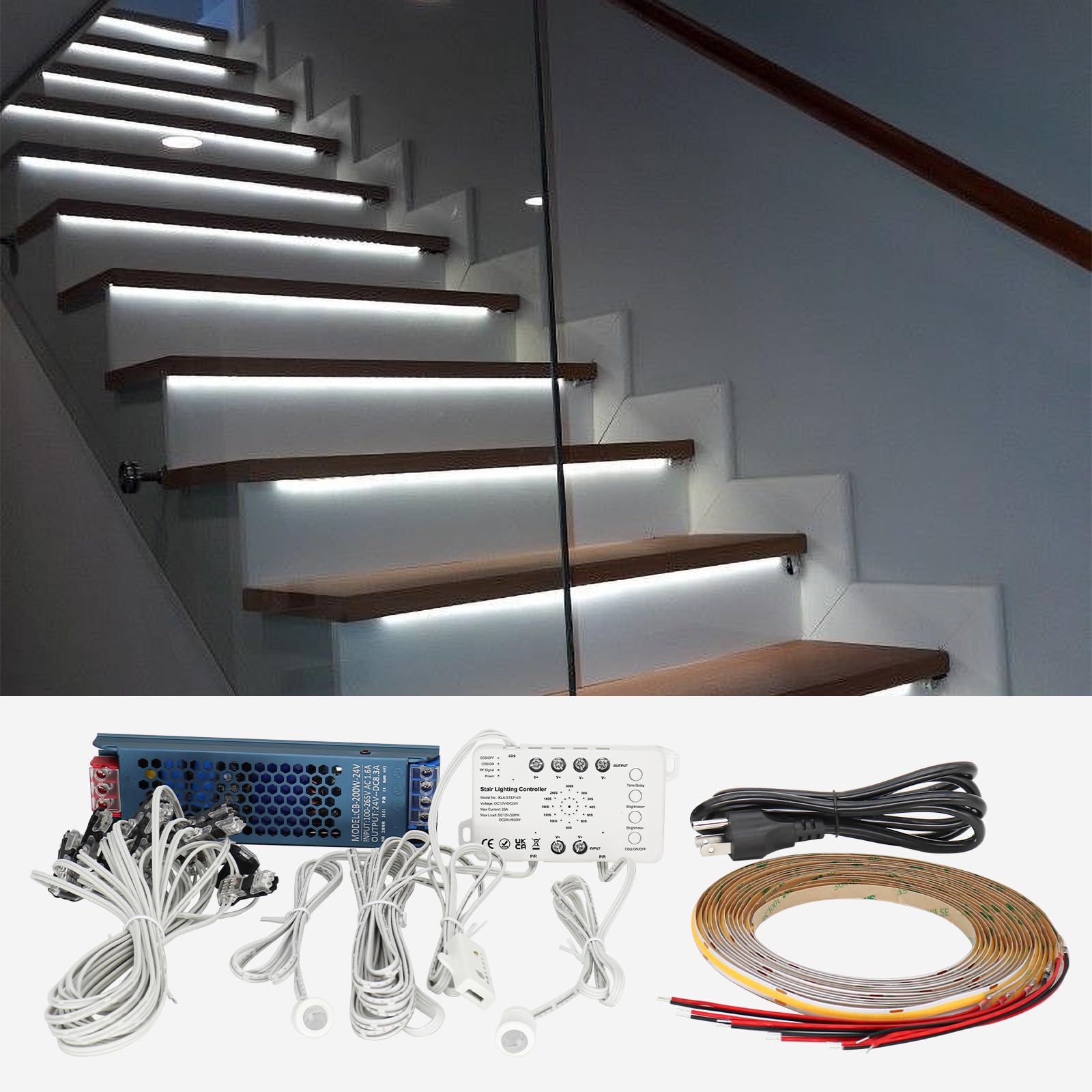 Motion Sensor LED Stair Light Kit with Main Wire - Easy Installation Daylight Sensor Step Lights, 6000K COB LED Strip for Indoor Stairs (16 Steps) - Perfect for Hallways, Basements & Bedroom Night Safety Lighting