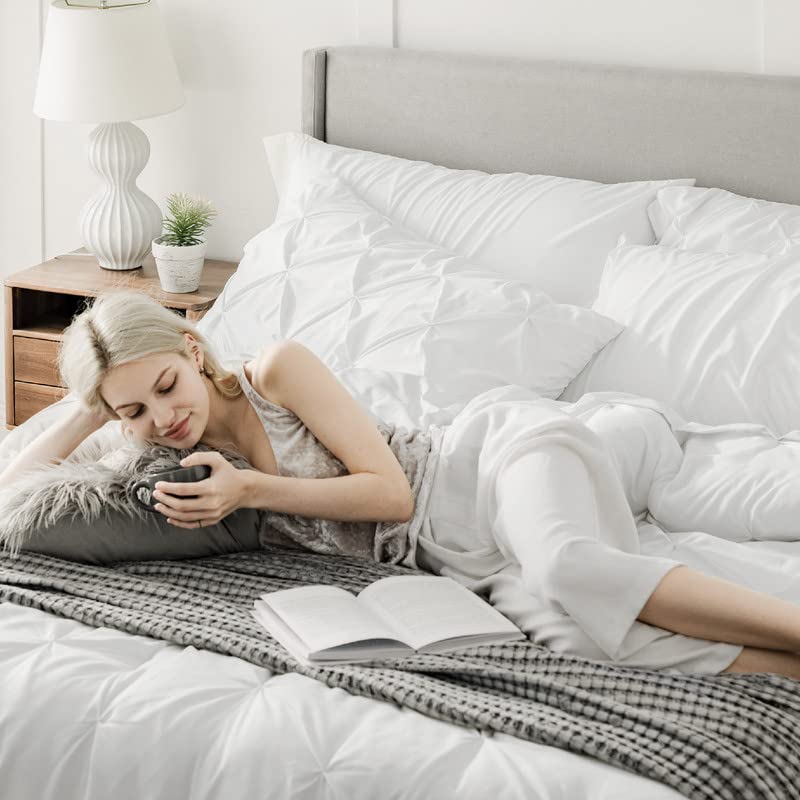 Bedsure King Size Comforter Set - 7 Piece White Pinch Pleat Bedding Set with Comforter, Sheets, Pillowcases & Shams | Ultra Soft GentleSoft™ Fabric | Perfect for Master Bedroom, Guest Room & Gift Giving