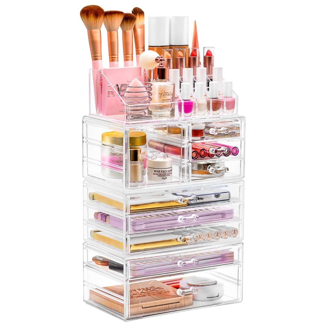 Sorbus Large Clear Makeup Organizer Set - 4-Piece Detachable Jewelry & Cosmetic Storage with Display Tower - Vanity, Bathroom, Dresser & Countertop Organizer for Women | Perfect for Makeup Display, Jewelry Storage & Beauty Product Organization