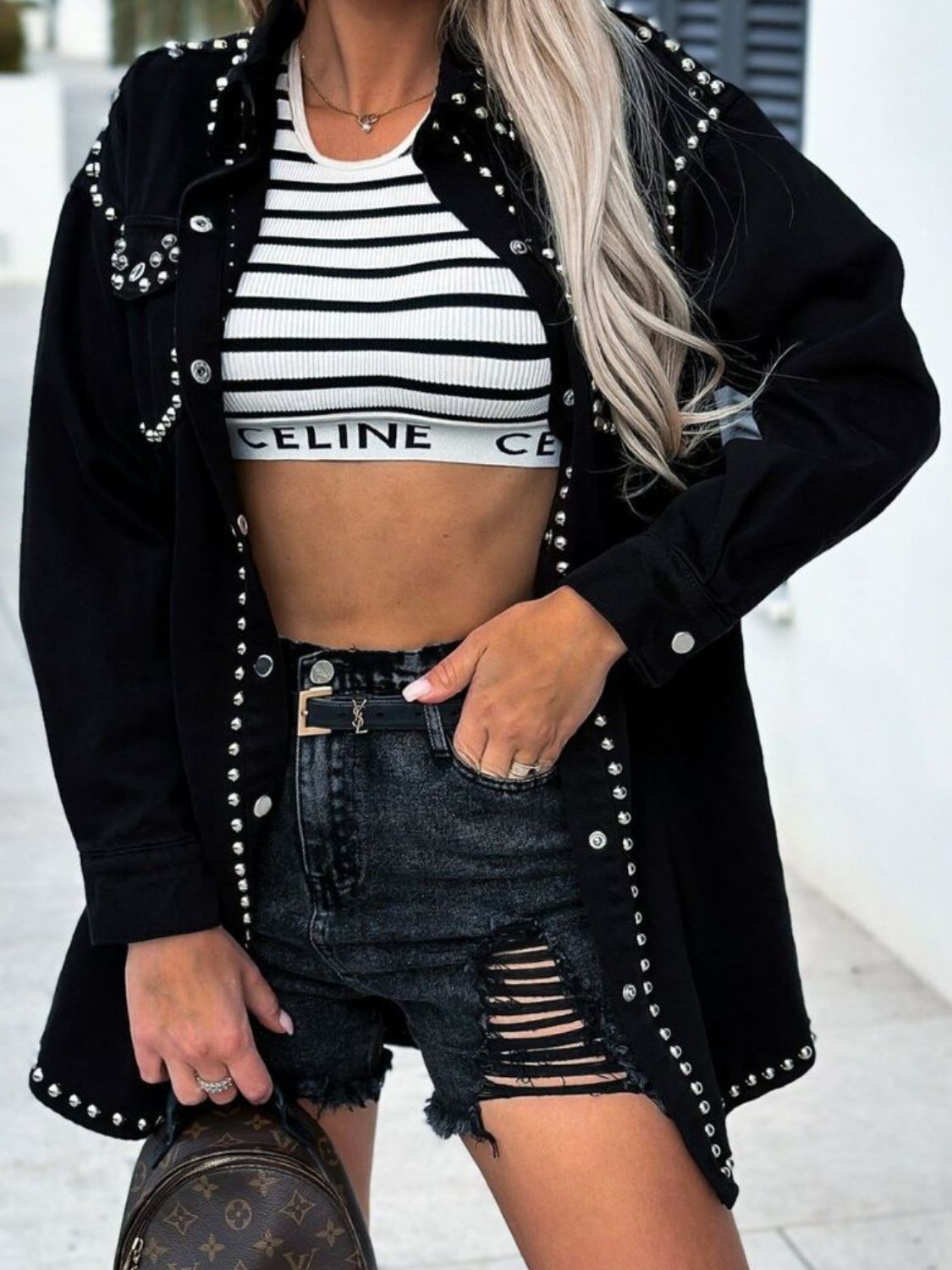 Stylish Studded Snap Down Long Sleeve Denim Shacket Jacket for Women | Vintage Distressed Denim Overshirt | Perfect for Casual Outfits, Layering in Fall & Winter