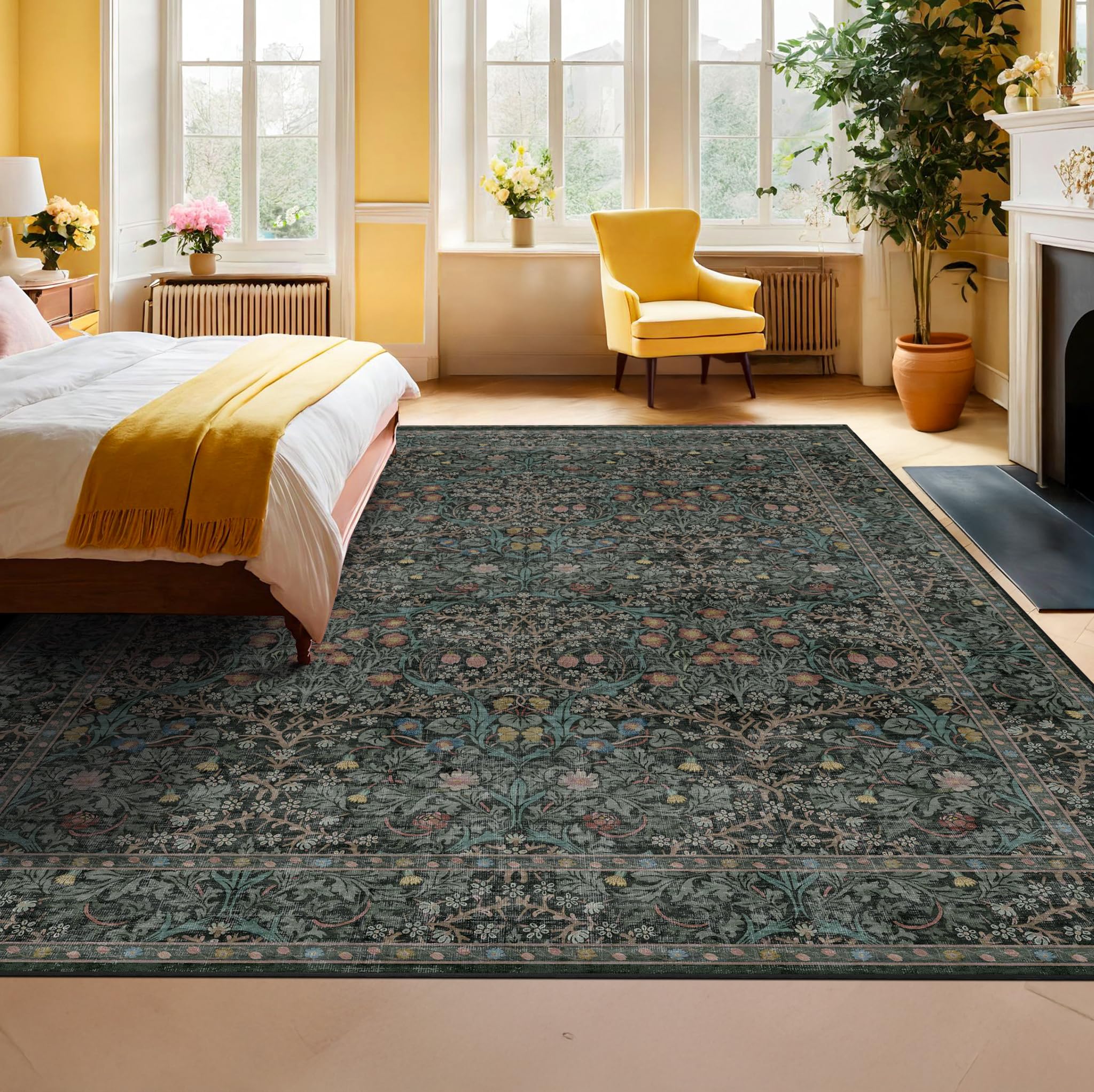 Vintage Dark Green 8x10 Washable Area Rug - Non-Slip Low Pile Oriental Rug for Living Room, Bedroom, Dining Room & Kitchen | Stain Resistant & Easy to Clean | Perfect Under Table, Sofa or Bed (Dark Green)