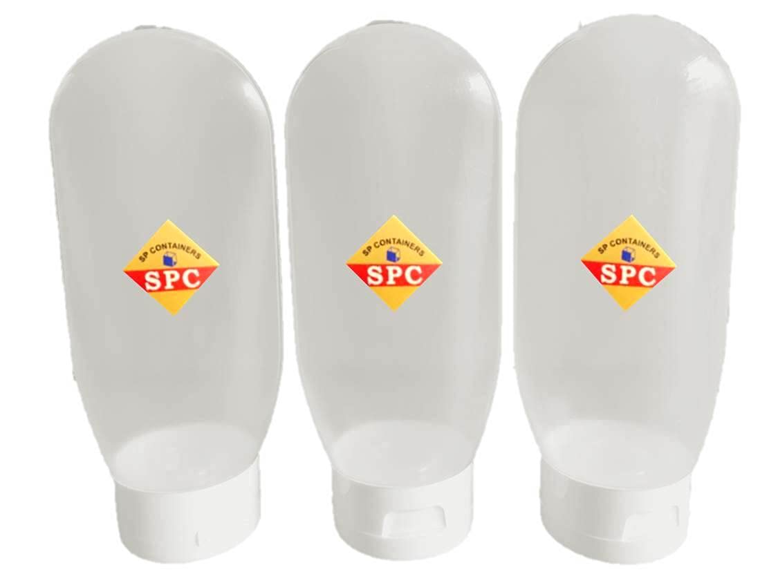 Refillable 100ml Clear SPC Travel Toiletries Squeeze Tottle Bottles Set - Leakproof Stand Up Tubes for DIY Lotion, Shampoo, Conditioner & Sunscreen | Perfect for Air Travel, Gym Bags & Cosmetic Storage (Pack of 3)