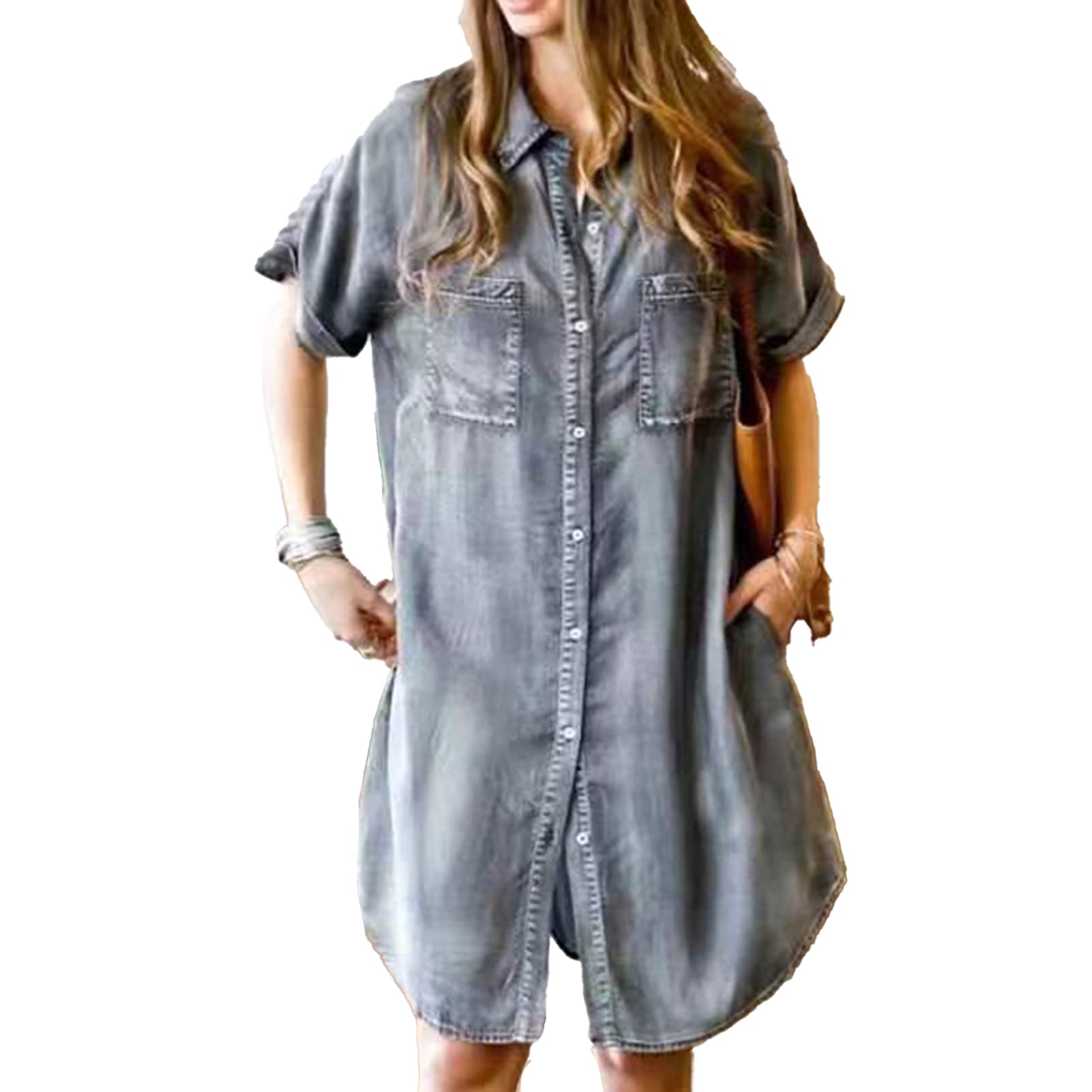Stylish Denim Dress for Women - Single-Breasted with Pockets, Lapel Collar & Short Sleeve - Mid Waist Office Dress | Perfect for Work, Business Meetings & Casual Outings
