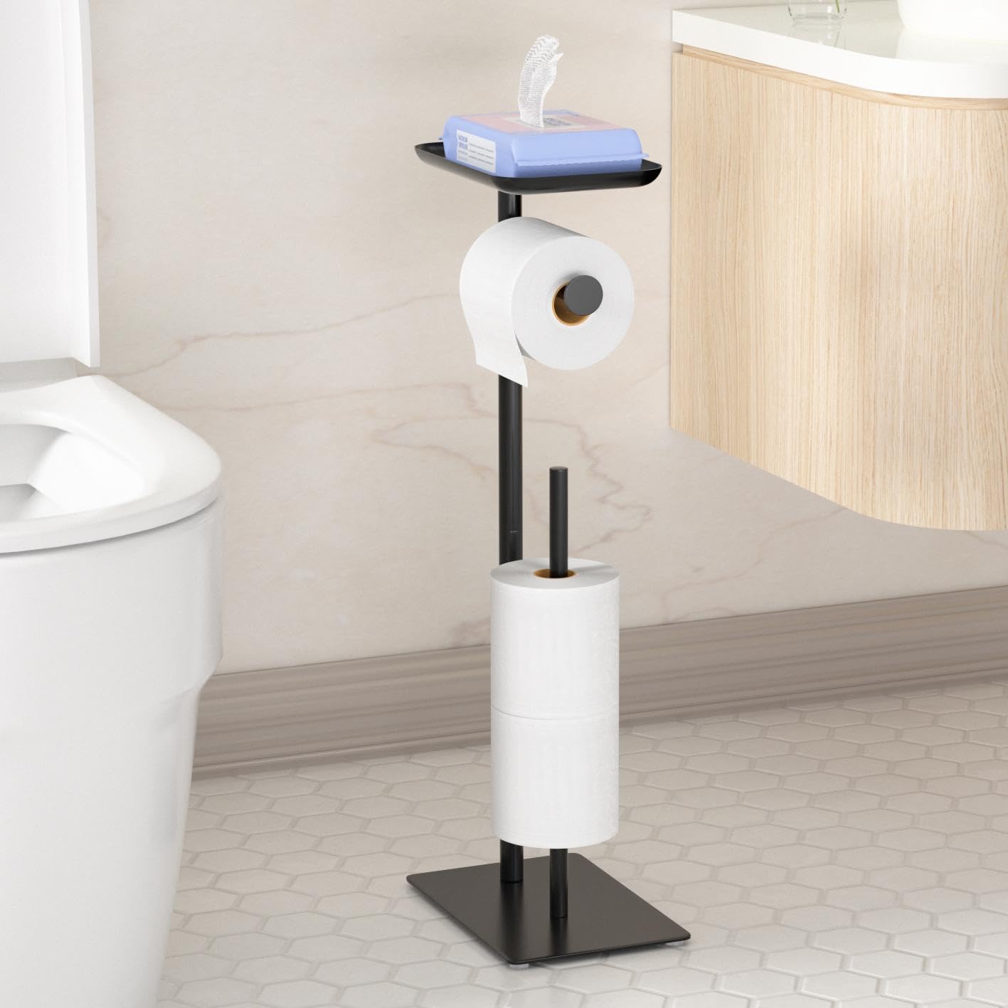 Free Standing Toilet Paper Holder Stand with Storage Shelf - Bathroom Tissue Roll Dispenser Holds 4 Spare Rolls - Perfect for Home, Office & RV Bathroom Organization