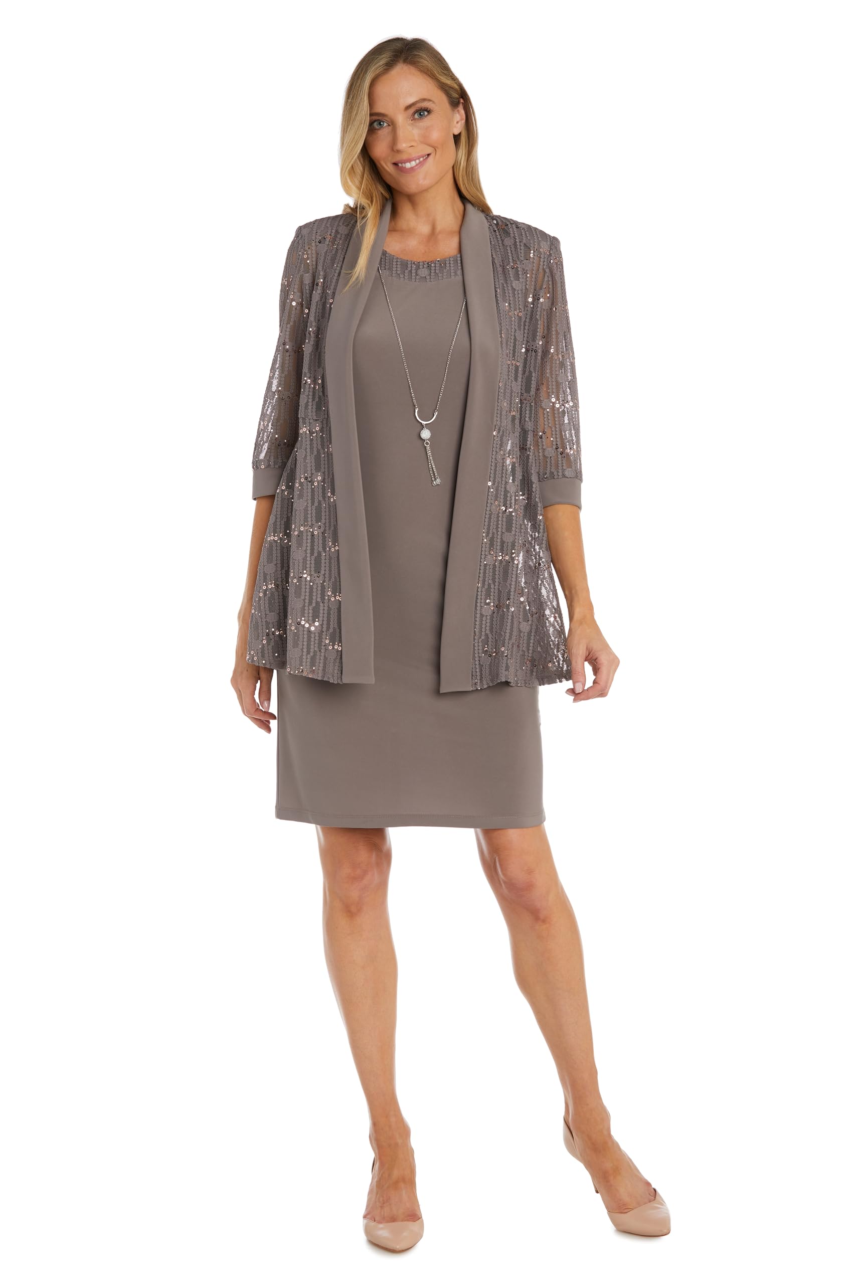 Elegant Knee-Length Sheath Dress with Lace Jacket - Formal Solid Color Dress with Stripe Dot Sequin Details | Perfect for Office Wear, Cocktail Parties & Special Occasions