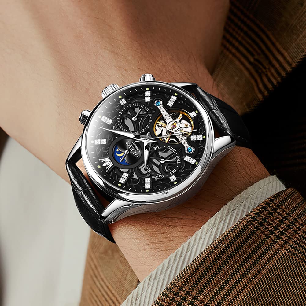 OLEVS Men's Automatic Skeleton Watch - Mechanical Dress & Casual Wristwatch with Moon Phase, Luminous Hands, Waterproof, Brown/Black Leather Strap - Perfect for Business, Formal Events & Everyday Wear