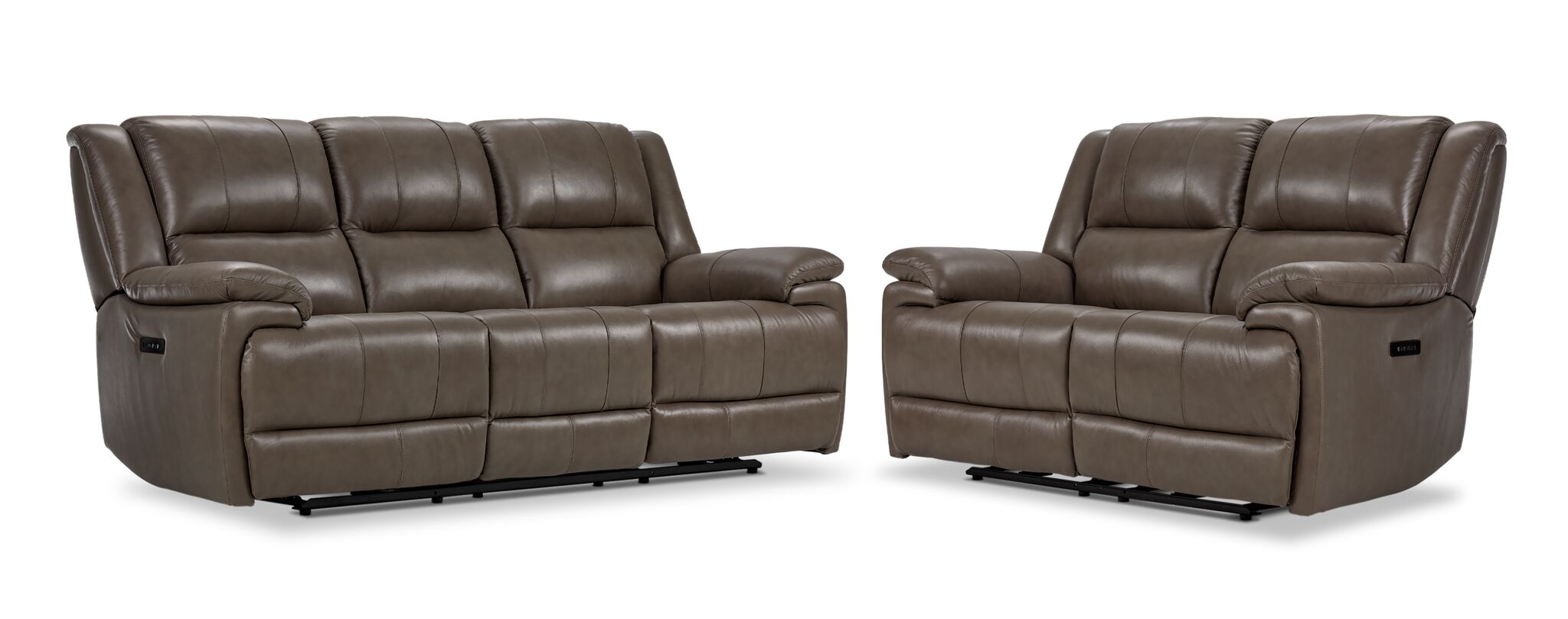 Allie Leather Dual Power Reclining Sofa and Loveseat Set in Mocha - Modern Living Room Furniture for Home Theater & Family Relaxation
