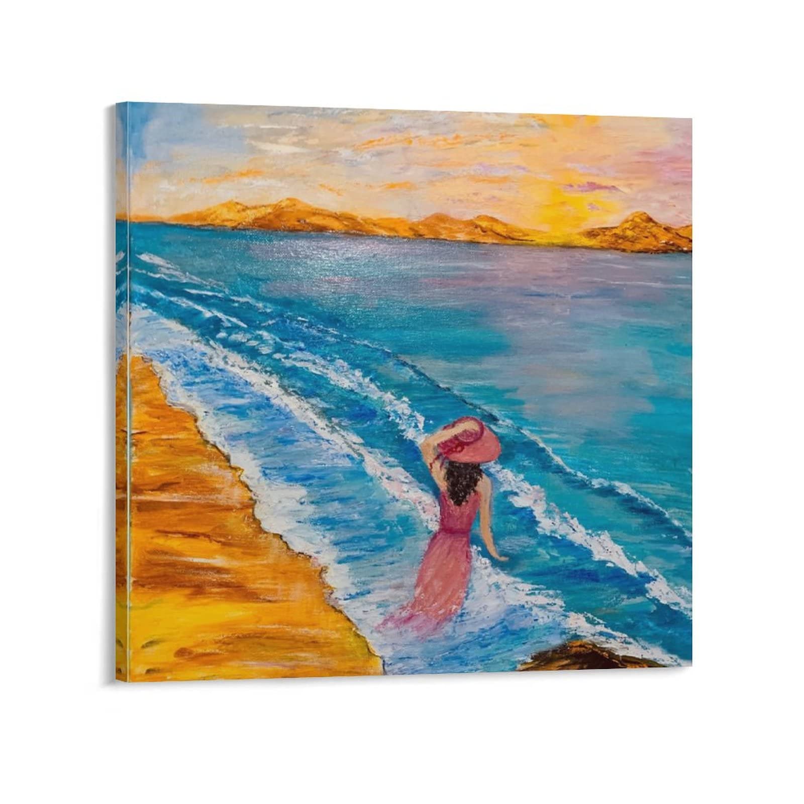 Beach Seascape Girl Canvas Wall Art - 24x24 Inch (60x60cm) Coastal Painting for Living Room, Bedroom, Office & Kitchen Decor - Perfect for Beach House, Vacation Home & Coastal Theme Interiors