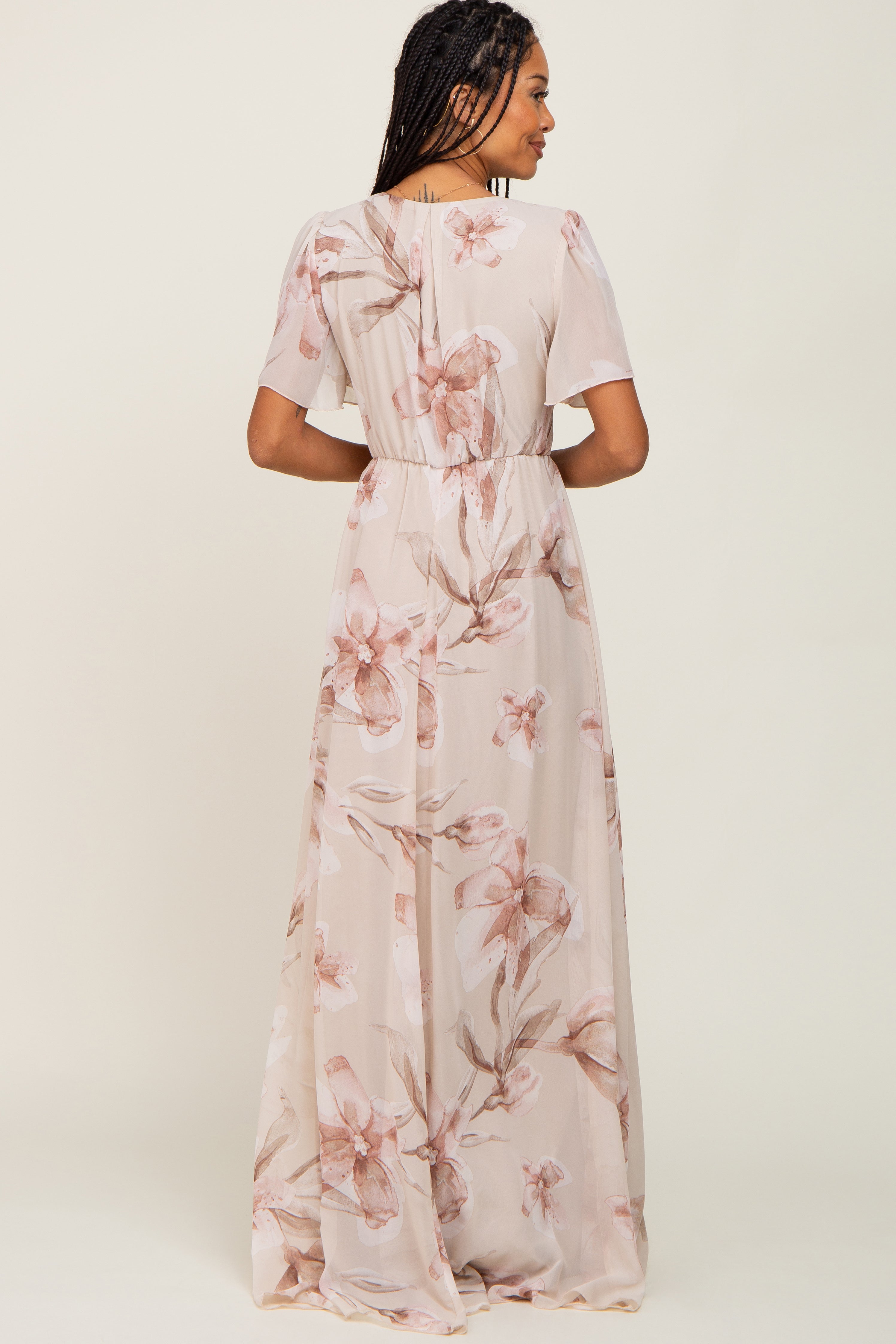 Beige Floral Print Chiffon Wrap Front Short Sleeve Maxi Dress for Women - Summer Beach Wedding Party & Vacation Outfit