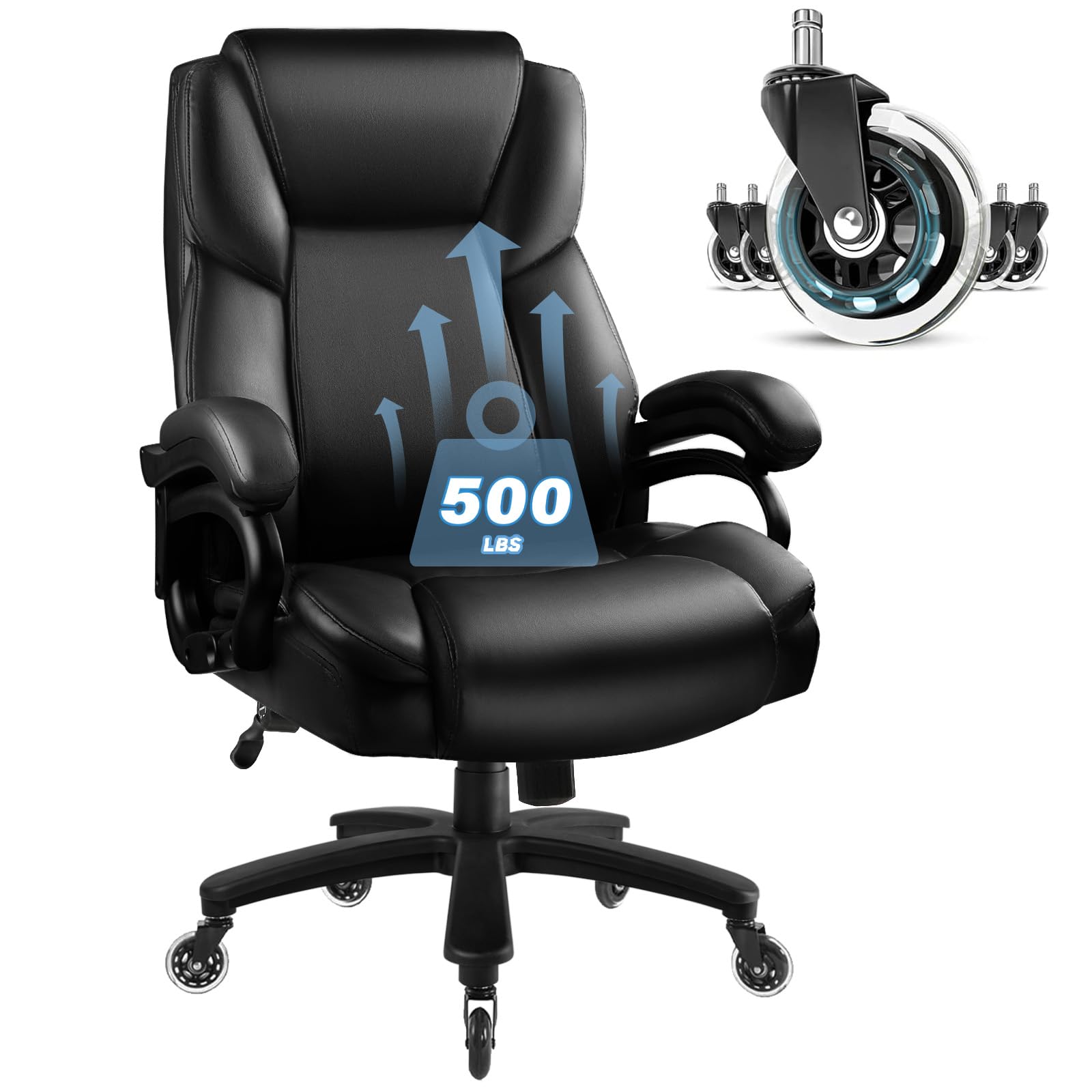 Big and Tall Office Chair 500lbs - Heavy Duty Executive Leather Chair for Large People, Ergonomic High Back Office Chair with Lumbar Support, Quiet Rubber Wheels & Extra Padded Seat - Perfect for Home Office, Gaming or Conference Rooms (Black)