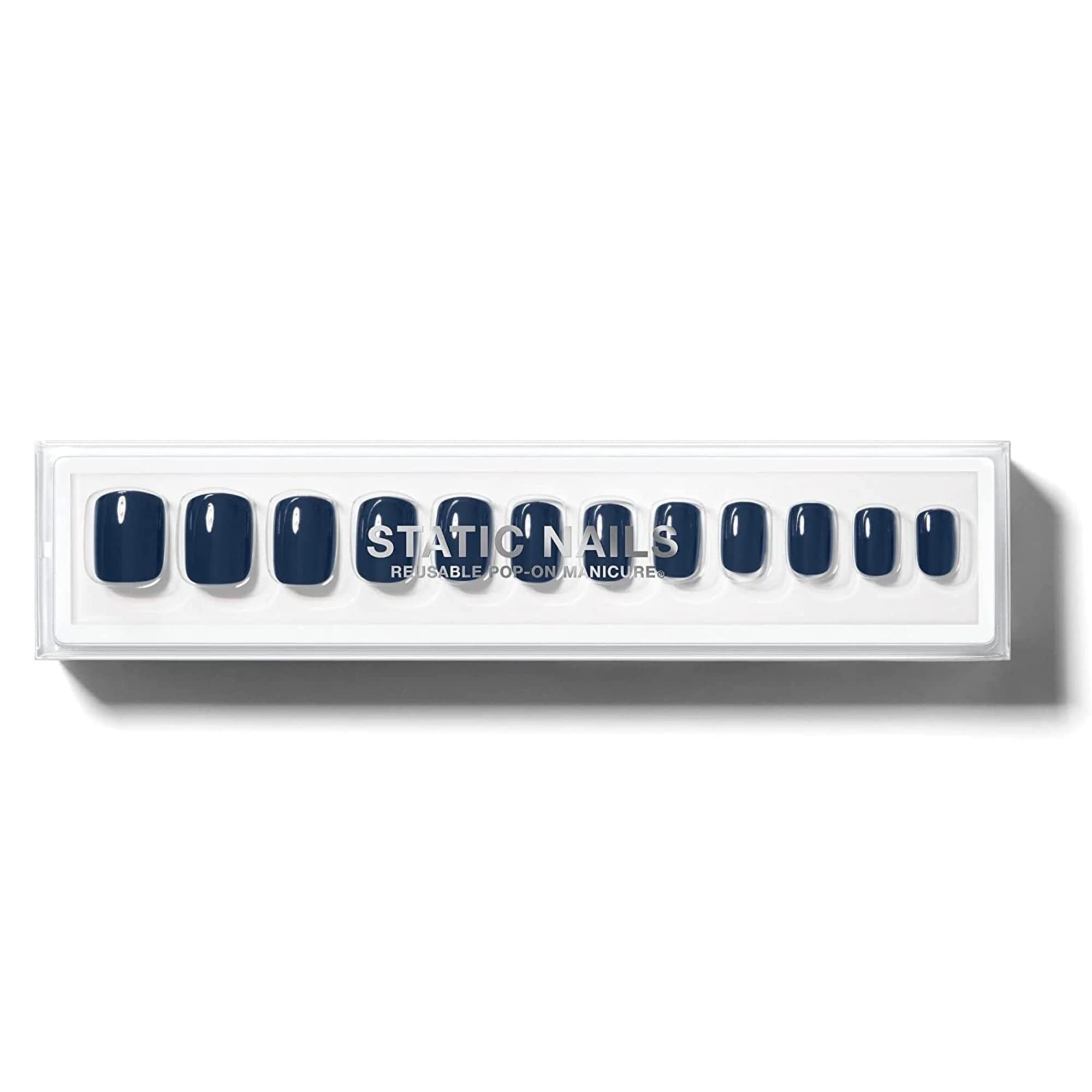 Static Nails Reusable Pop-On Manicure Set - French Tip Style | Navy Blue Square Press On Nails | Short Fake Nails Kit with Glue | Salon Quality Non-Damaging Acrylic Nails for Women | Perfect for Parties, Weddings & Everyday Wear