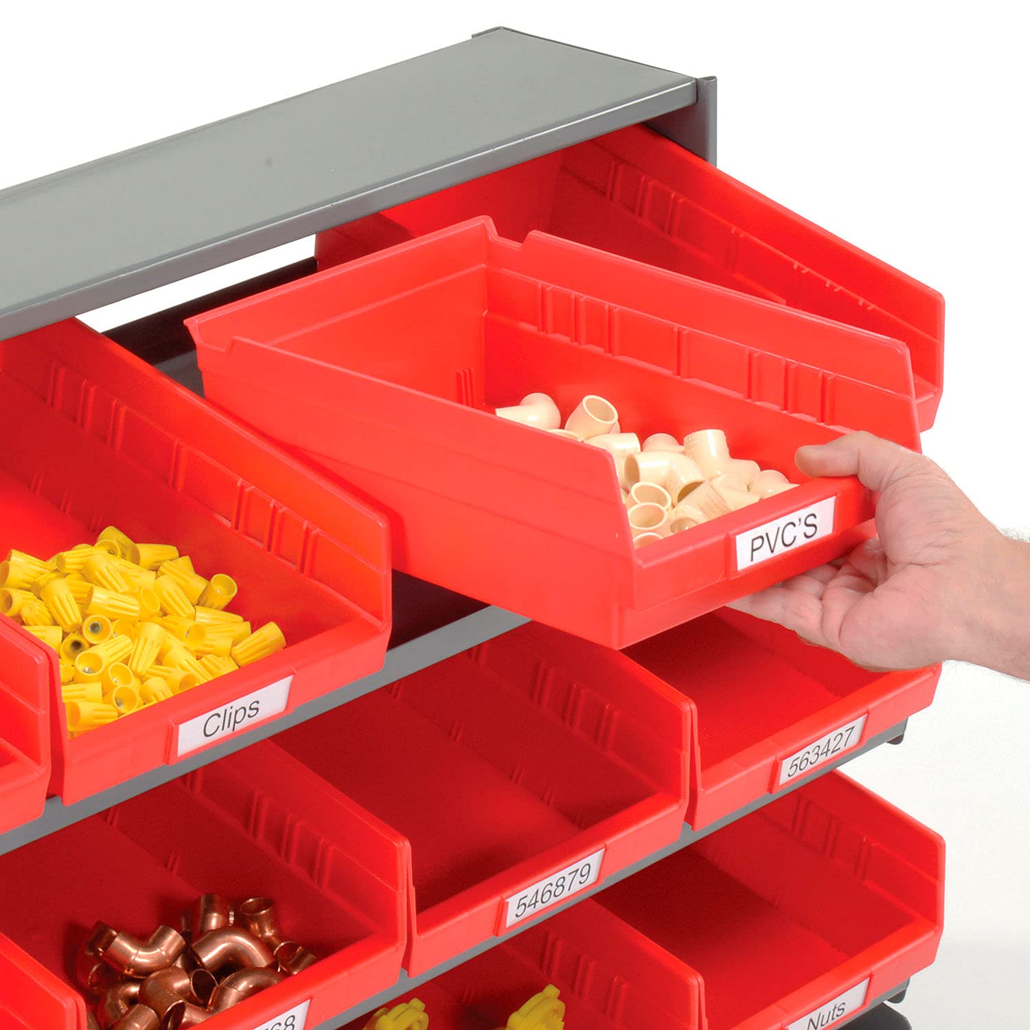 Global Industrial 3-Shelf Storage Bench Rack with 12 Red 8-Inch Wide Bins - 33x12x21 Inches - Perfect for Garage Organization, Warehouse Storage & Retail Display