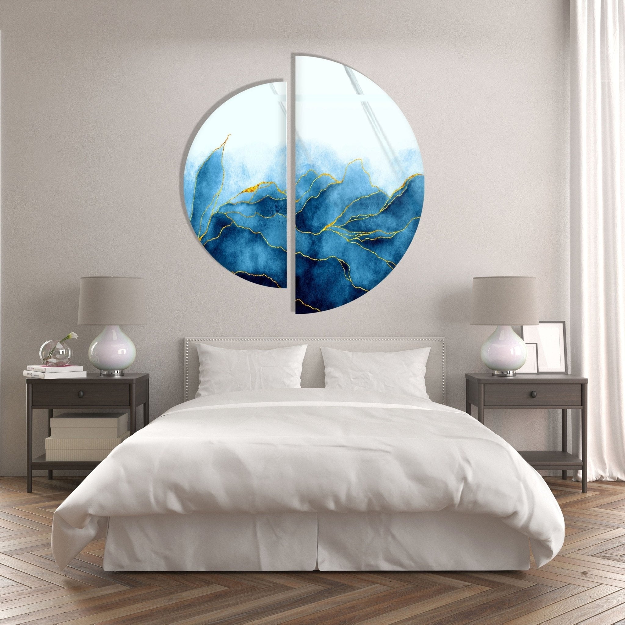 2 Piece Blue Floral Glass Wall Art Set - Elegant Handmade Home Decor for Living Room, Bedroom, or Office - Perfect Gift for Housewarming & Wedding