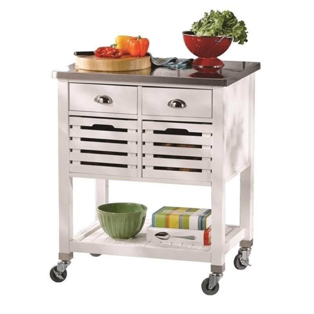 White Kitchen Cart with Stainless Steel Top - Rolling Island with Storage Shelves & Locking Wheels for Small Spaces, Apartments, Dorms & Home Organization