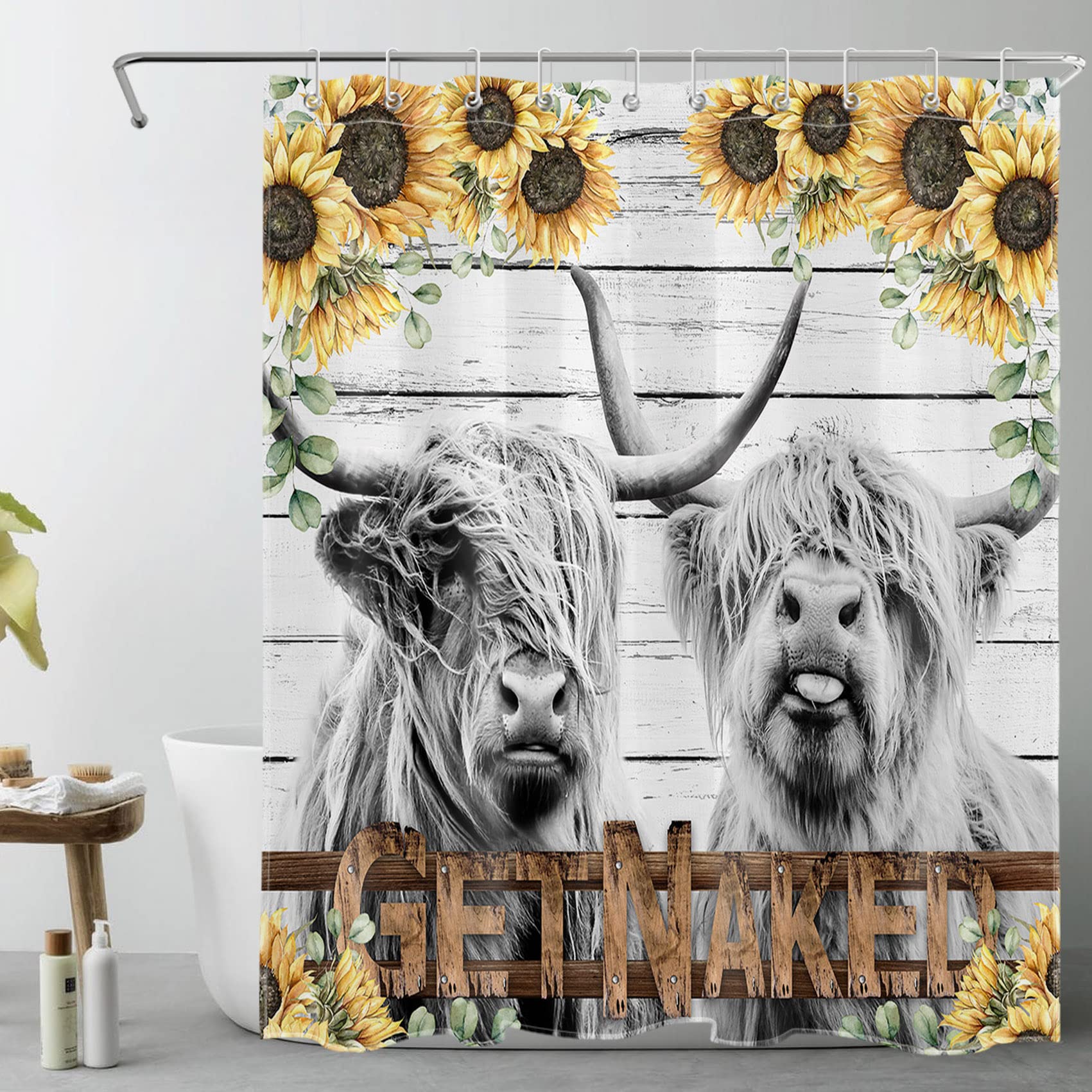 HVEST Highland Cow Shower Curtain - Western Bull Sunflower Farmhouse Bathroom Decor with Wooden Board Print, 60x72 Inches Polyester Fabric Bath Curtain with Hooks - Perfect for Rustic, Country Style Bathrooms and Farmhouse Themed Home Decor