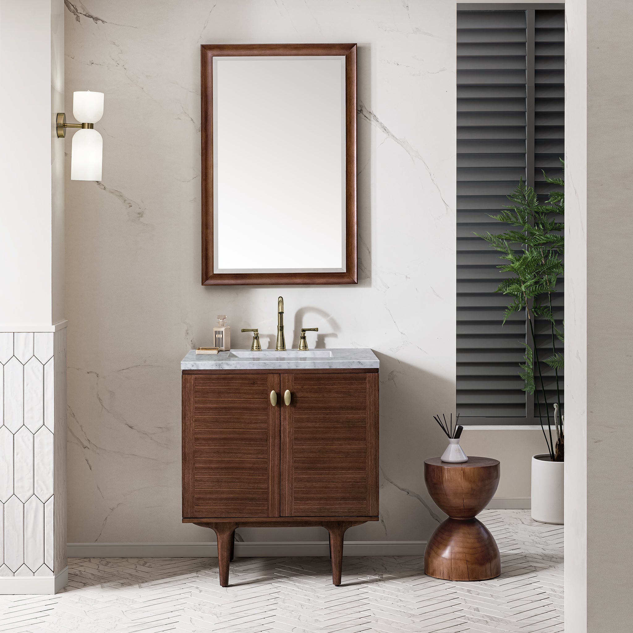 Amberly 30 Inch Single Vanity with Carrara Marble Top - Mid Century Modern Walnut Bathroom Vanity for Small Spaces | Perfect for Powder Rooms, Guest Baths & Master Bath Remodels