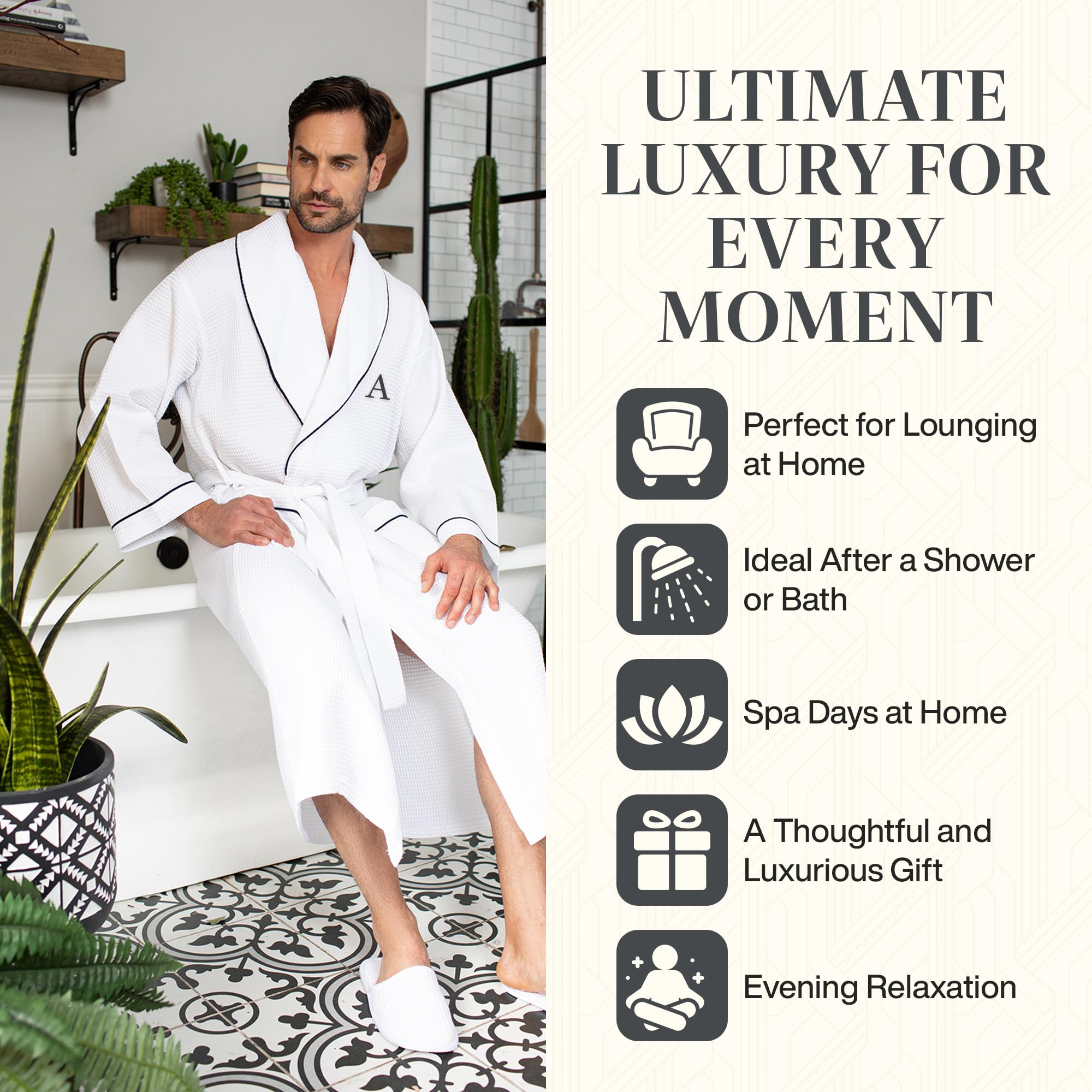 Luxury Soft Waffle Weave Cotton Bathrobe for Men - Super Absorbent Spa Robe with Pockets - Perfect for Home, Hotel & Relaxation After Shower or Pool