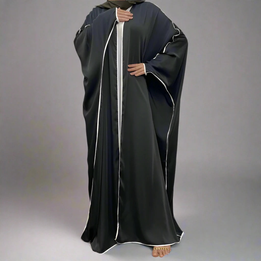 Elegant Batwing Sleeve Satin Cardigan Open Farasha Abaya Dress for Muslim Women - Perfect for Prayer, Weddings & Special Occasions