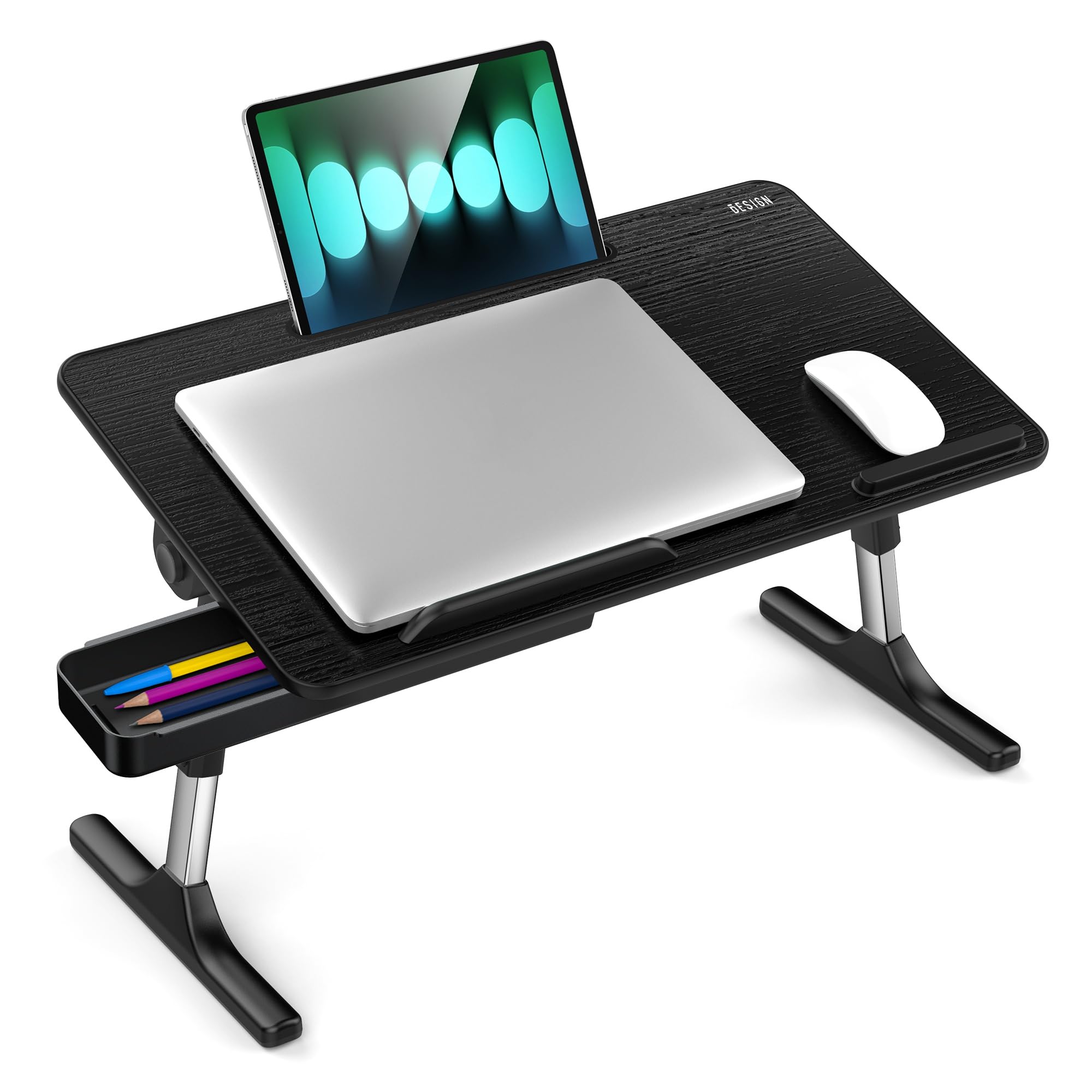 Besign LT05 Adjustable Laptop Stand - Portable Lap Desk for Bed, Sofa & Office - Foldable Computer Table for Working, Reading & Breakfast in Bed - Medium Size Black Workspace Solution