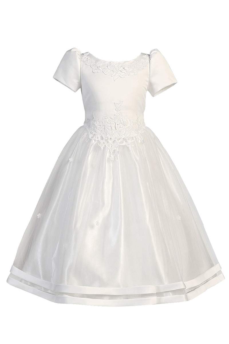 Elegant White Satin Bodice with Tulle Skirt Communion Dress for Girls - First Holy Communion, Baptism, Christening & Special Occasions