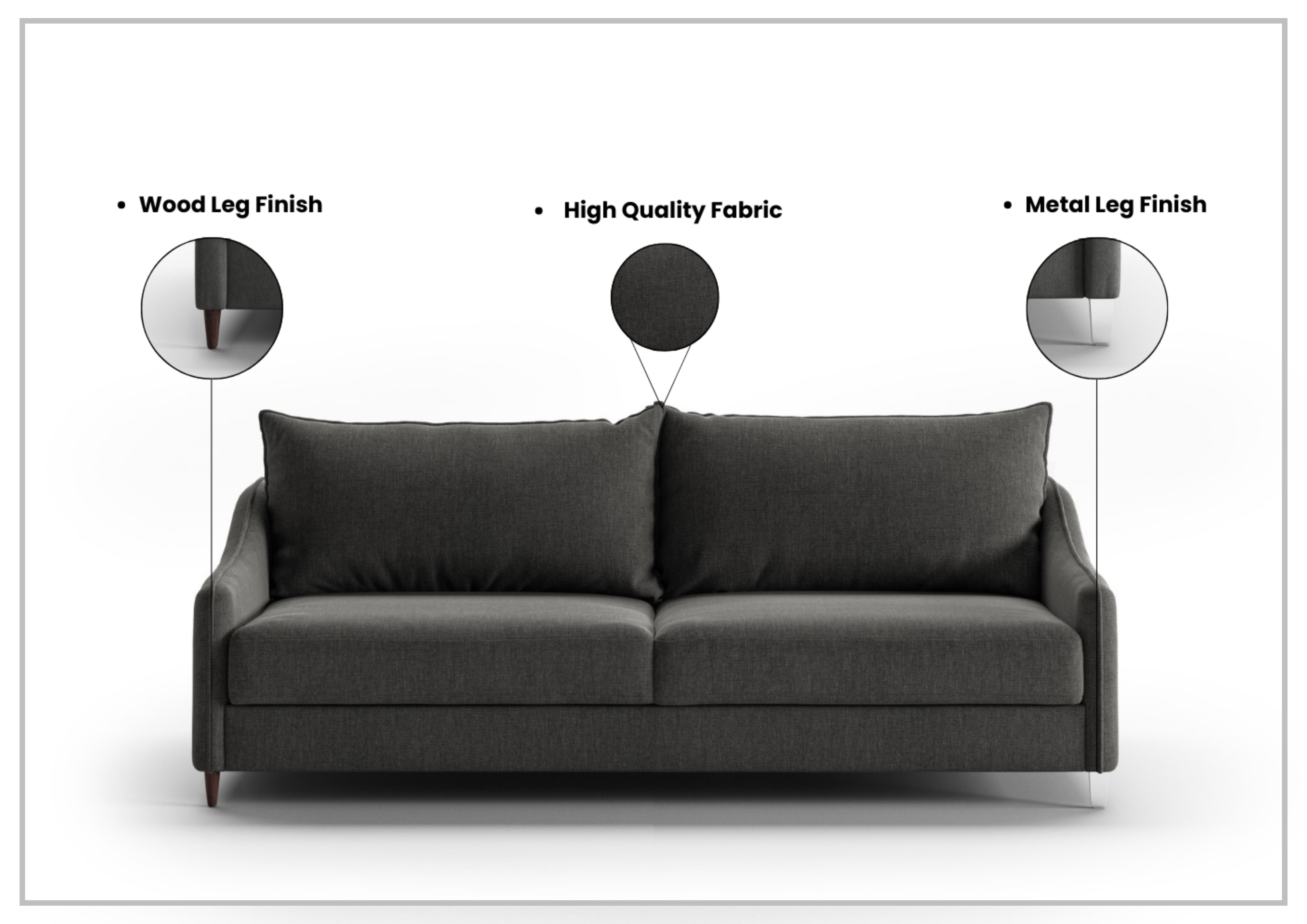 Luonto Ethos Fabric King Sleeper Sofa with Wood or Chrome Legs - Convertible Sofa Bed for Living Room, Guest Room & Small Spaces