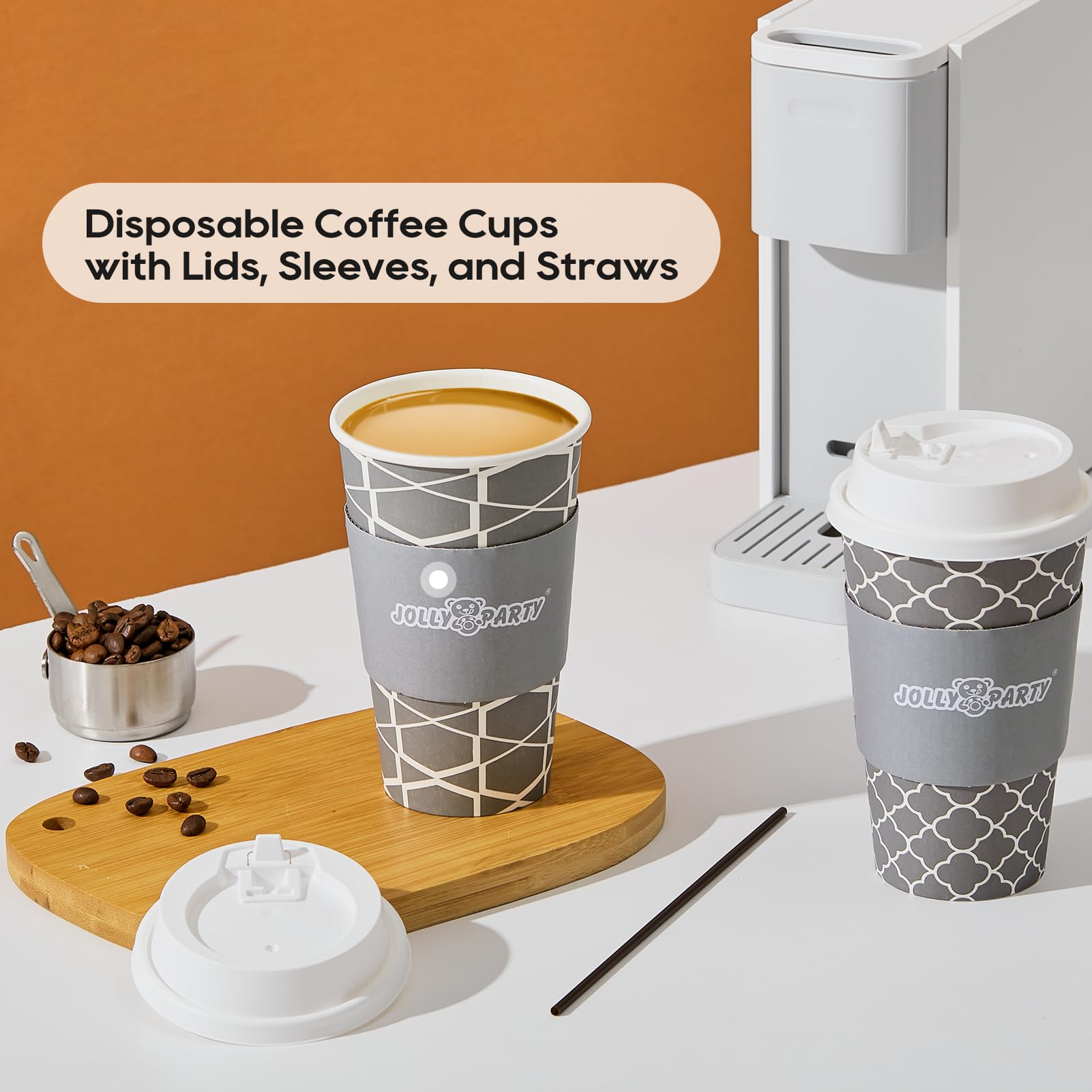 100 Sets 16 oz Disposable Paper Coffee Cups with Lids, Sleeves & Straws - Hot/Cold Beverage Drinking Cups for Coffee, Tea, Water - Perfect for Office, Travel, Cafes & Takeout