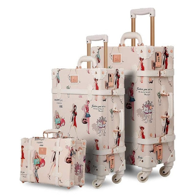 12/20/26 Inch 3-Piece Vintage Rolling Luggage Set for Girls - Fashion Retro PU Suitcases with Wheels for Travel, School & Weekend Getaways