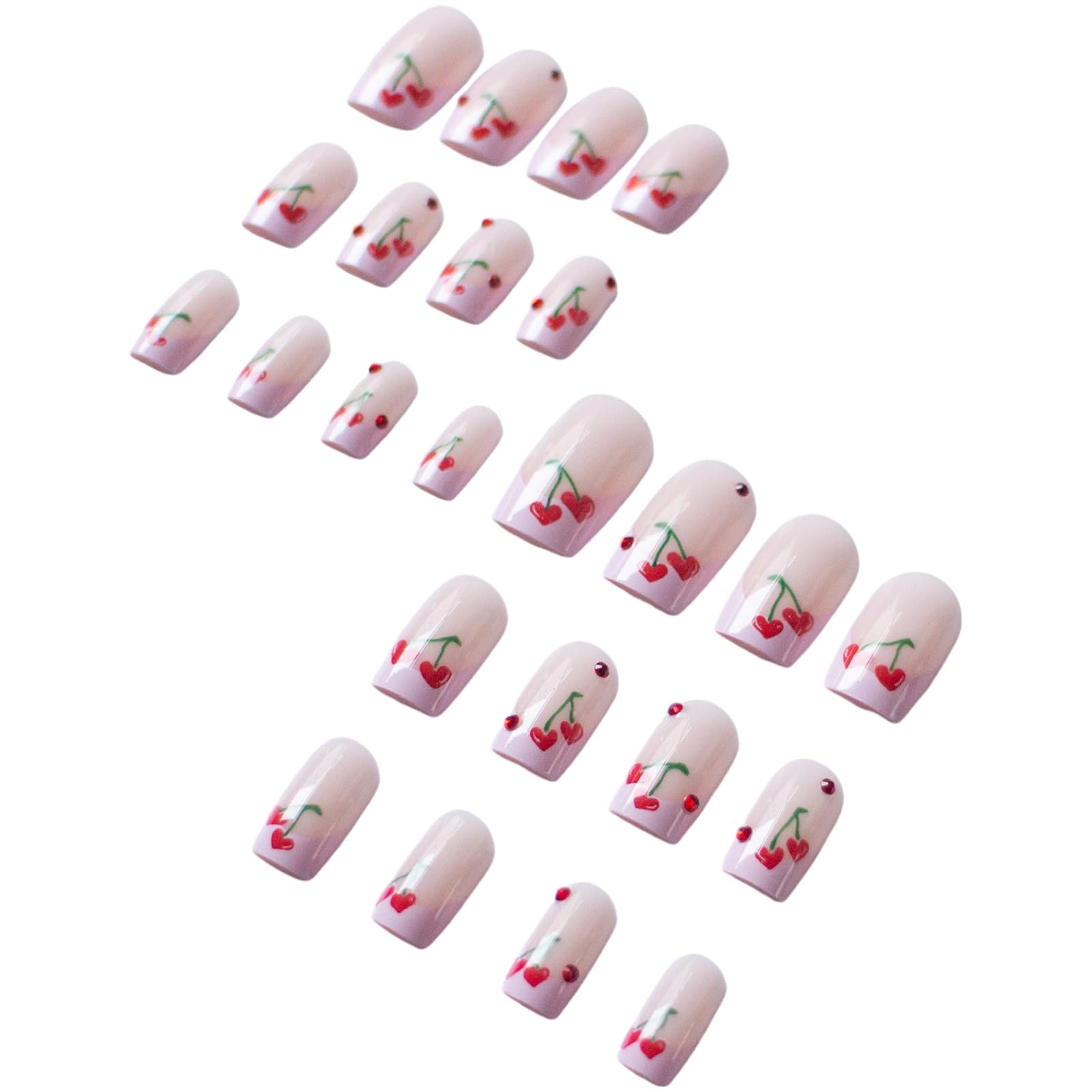 24 Pcs French Tip Press on Nails Short Square Fake Nails - Red Cherry Heart Design with Rhinestones & Glossy Finish | Valentine's Day Nail Art for Women | Perfect for Parties, Weddings & Special Occasions