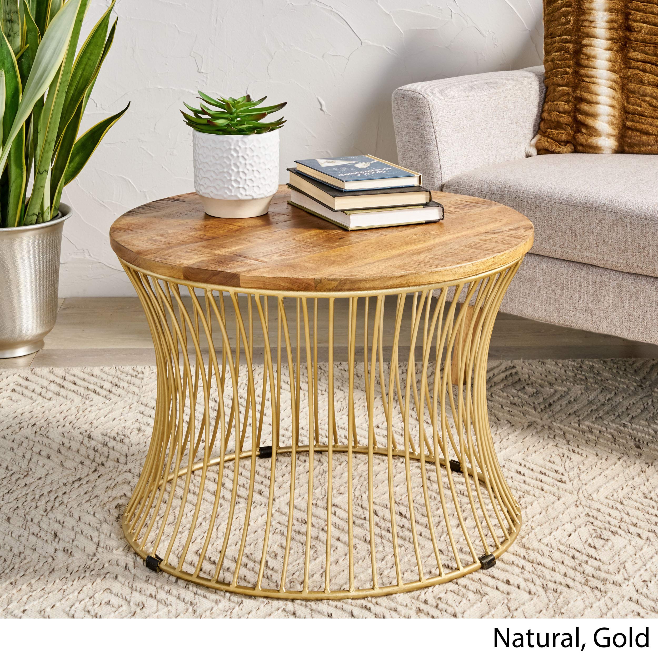 Christopher Knight Home Lydia Coffee Table - Natural Wood Finish with Gold Accents - Perfect for Living Room, Lounge & Home Decor