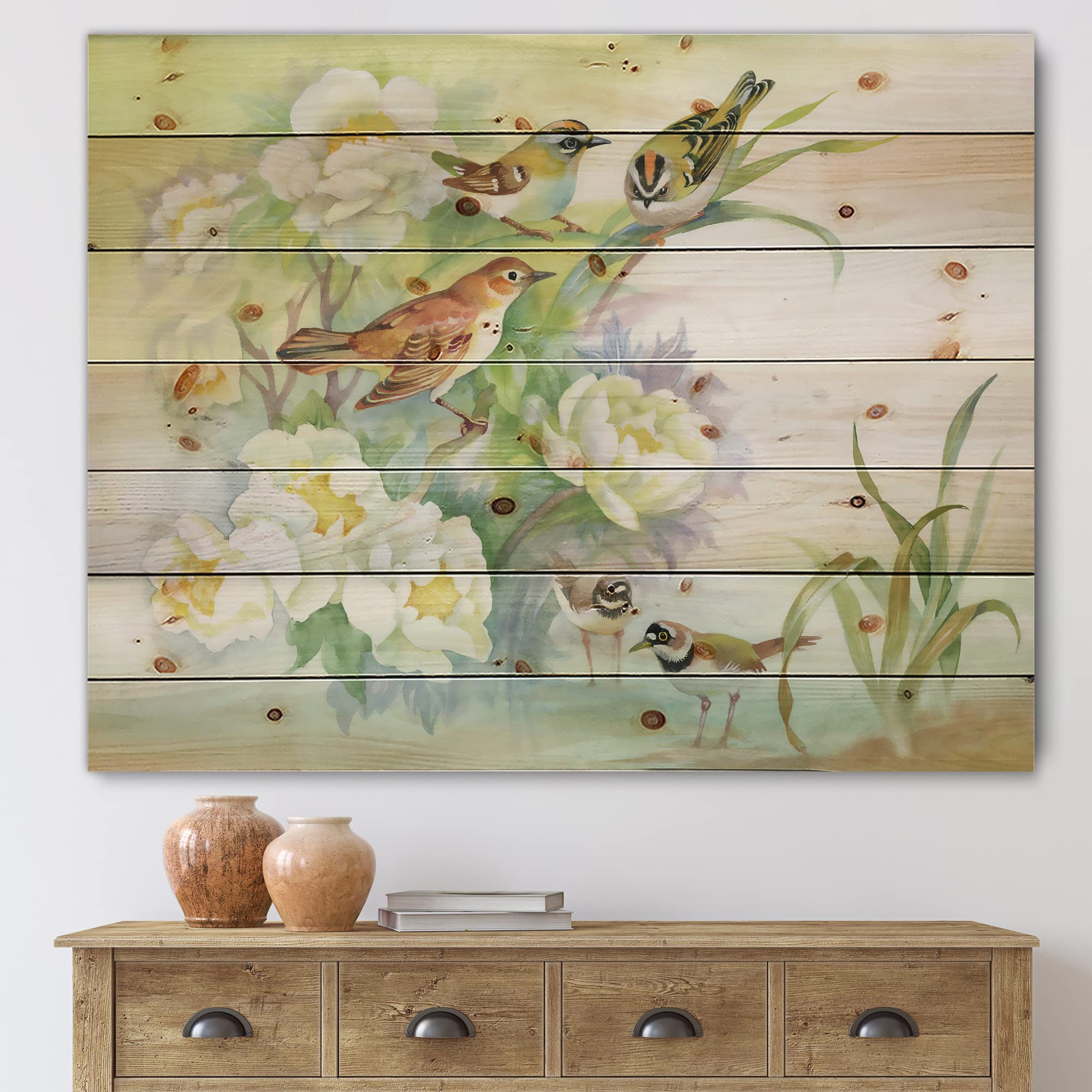 Traditional Rustic Scenery Wood Wall Art - Flowers & Birds Design on Natural Pine Wood, Large Animal Wall Panels for Home Decor | Perfect for Living Room, Bedroom & Cabin Aesthetic