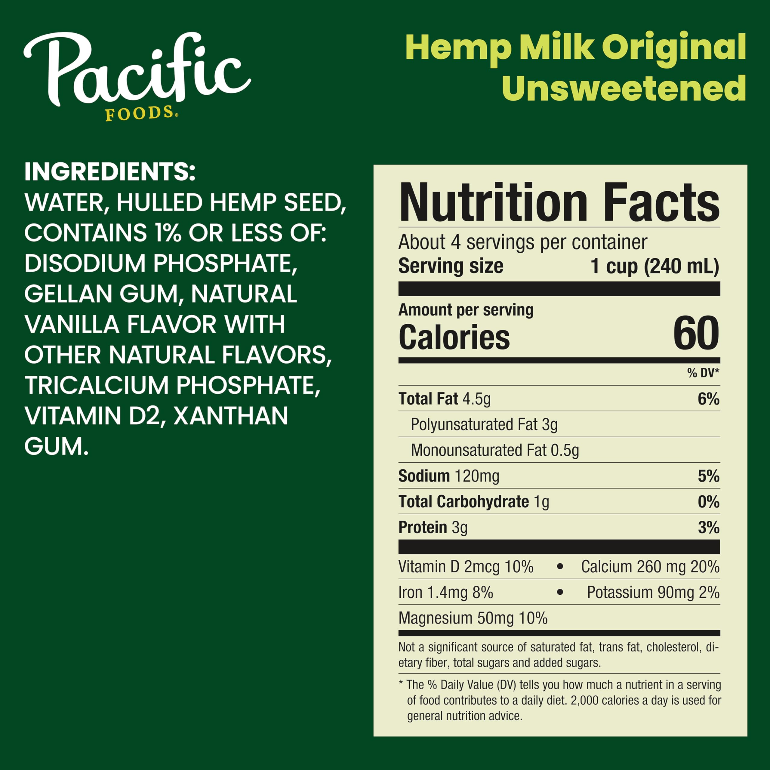 Pacific Foods Hemp Original Unsweetened Plant-Based Milk - Keto Friendly, Dairy Free, Vegan, 32 Fl Oz (Pack of 12) - Perfect for Smoothies, Coffee Creamer & Healthy Breakfast
