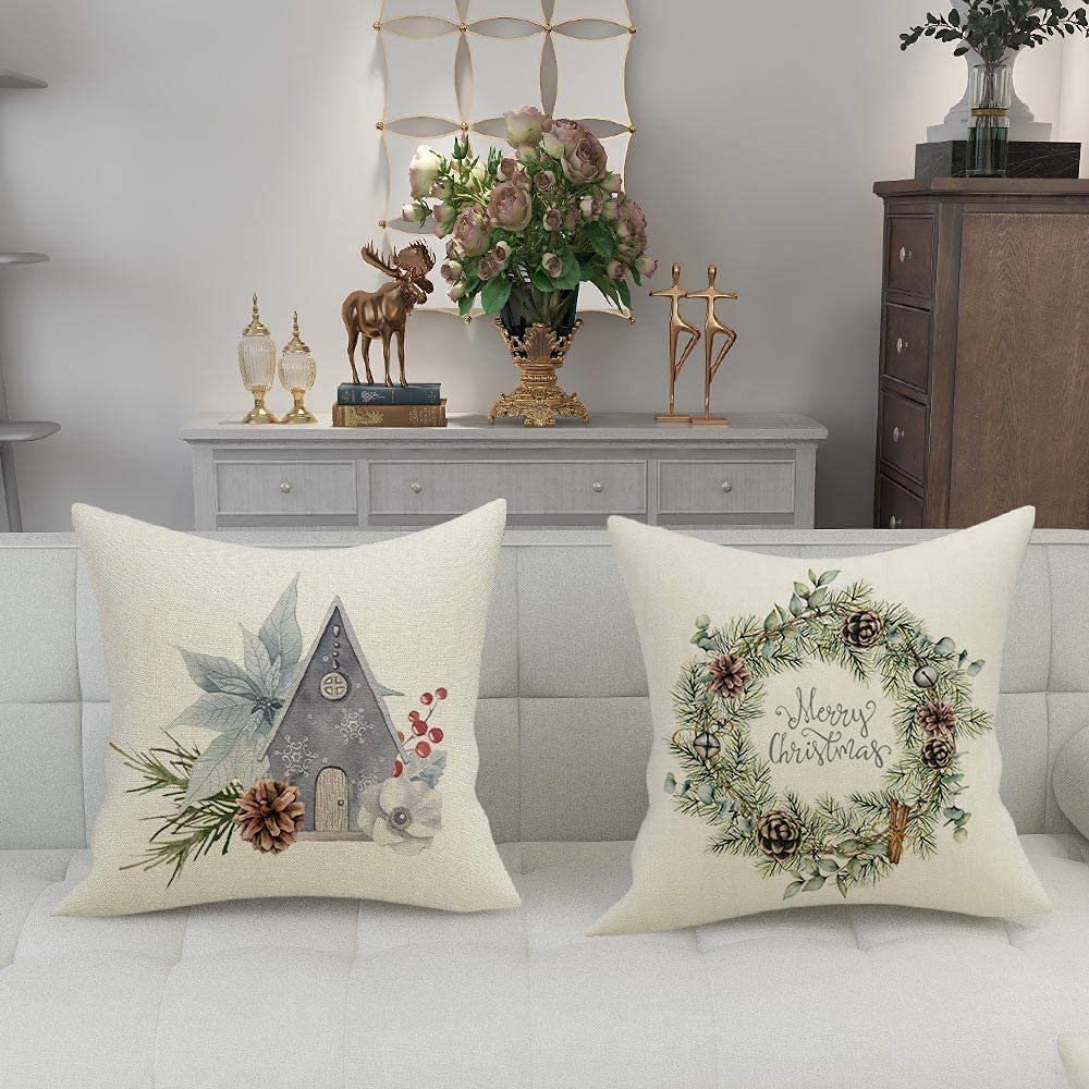 16x16 Inch Christmas Pillow Covers Set of 4 - Farmhouse Holiday Decor with Candy Garland Print - Cozy Winter Throw Pillow Cases for Sofa, Bed & Home Decor (Xmas Decorative Cushion Covers)