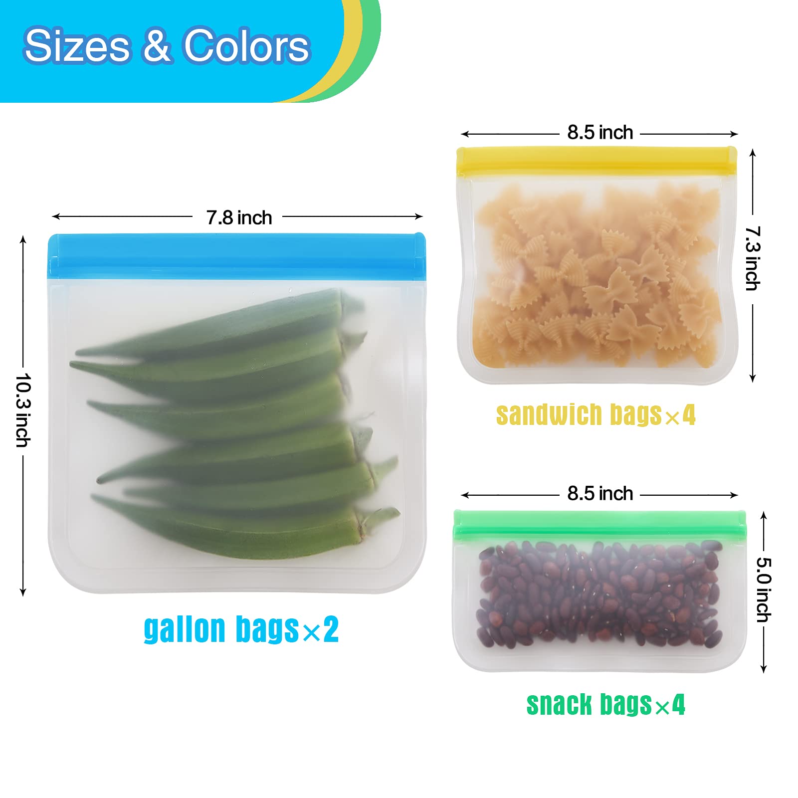 Reusable Freezer Bags 10Pcs - BPA Free Extra Thick Silicone Food Storage Bags with Double Zipper & Seal | Leakproof Reusable Snack Bags for Meat, Fruits, Vegetables (3 Gallon + 4 Sandwich + 3 Snack Bags) | Perfect for Meal Prep, Freezing, Travel & Outdoor Activities