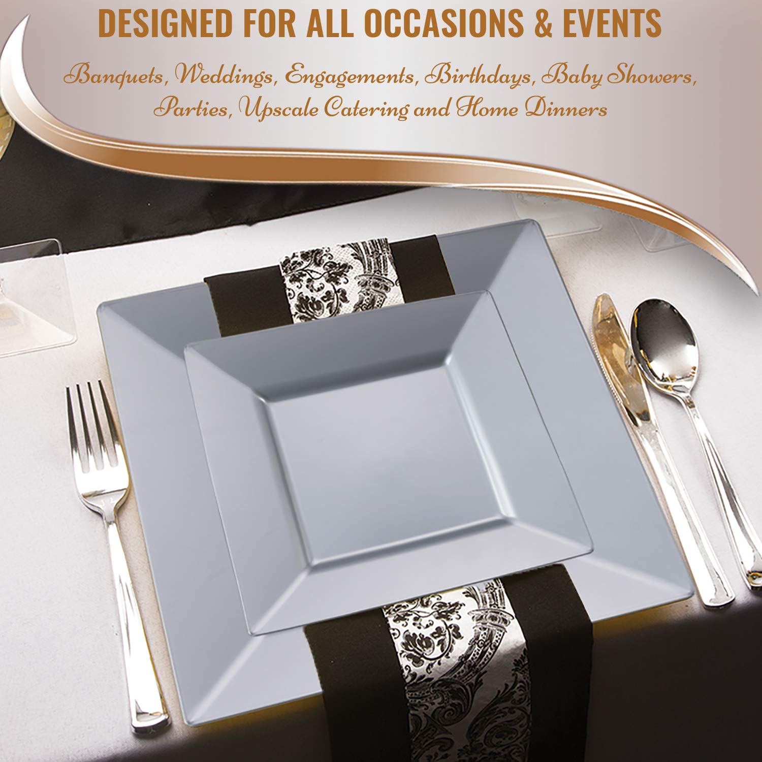 Premium Disposable Plastic Dinnerware Set - Heavy Duty Silver Plastic Plates for 120 Guests - Elegant & Durable Party Supplies for Weddings, Events & Catering