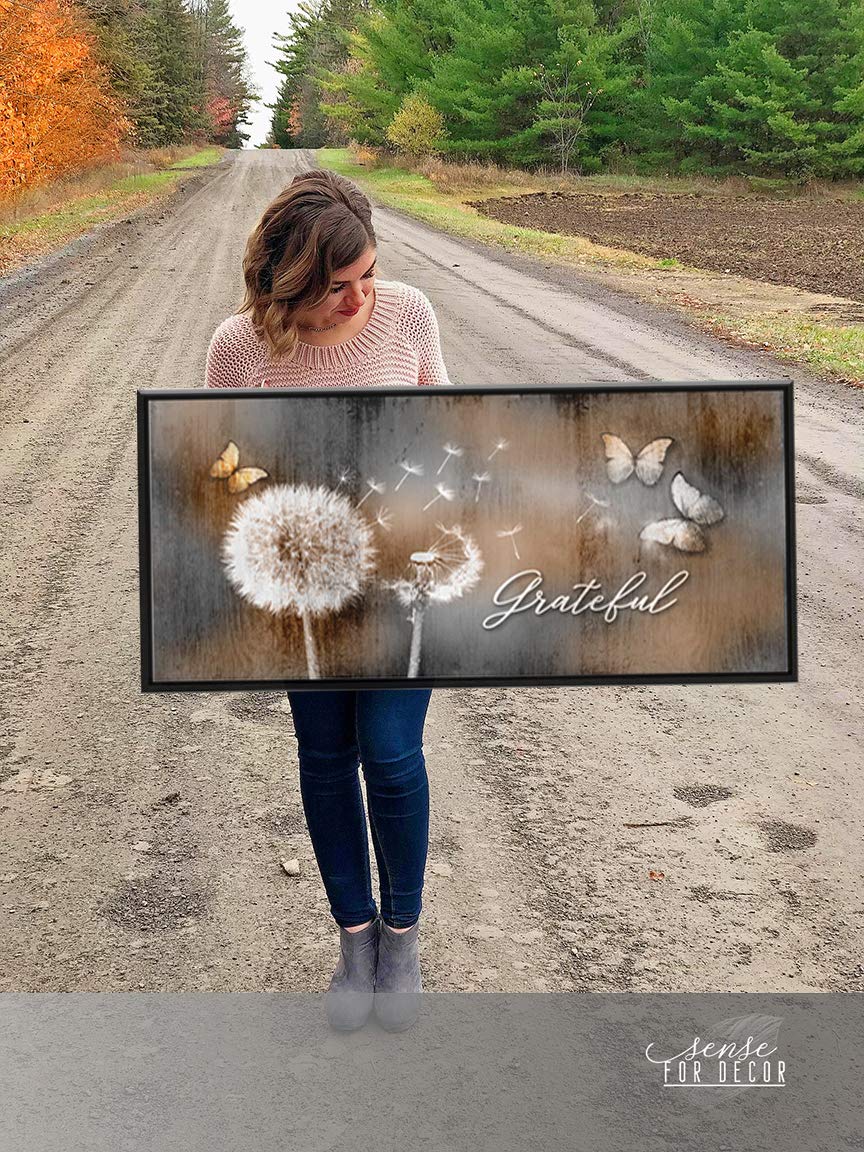Grateful Dandelions & Butterfly Wall Art - Rustic Bedroom Decor with Floating Frame (60x27, Brown/Black) | Perfect for Boho Home Decor, Living Room Accent & Farmhouse Style Interior Design