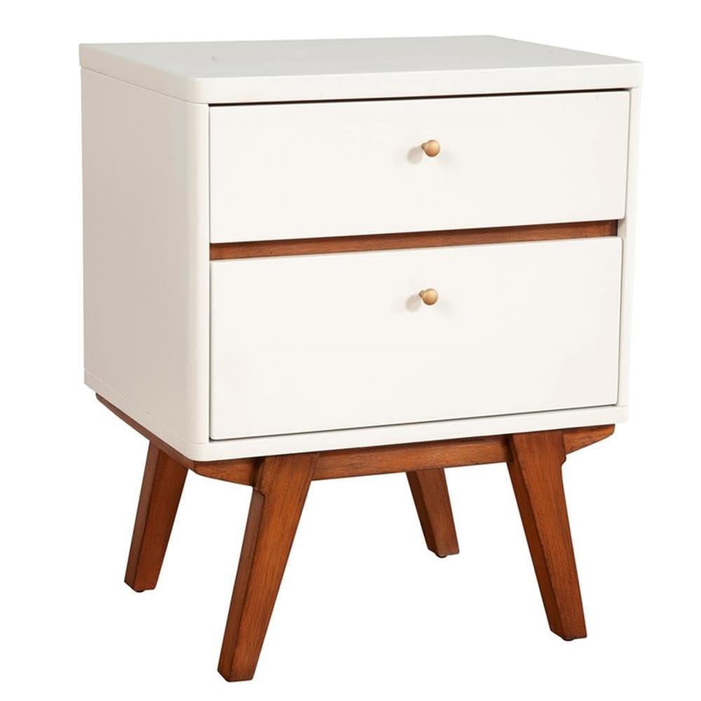 BOWERY HILL White Wood Nightstand with 2 Drawers - Bedside Table for Bedroom, Living Room & Office Storage