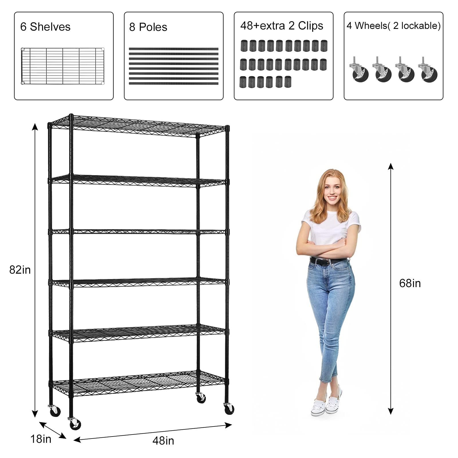 6-Tier Heavy Duty Adjustable Wire Shelving Unit - 2100Lbs Capacity Steel Storage Rack for Kitchen, Garage, Pantry, Laundry & Closet - Black Metal Shelf (48