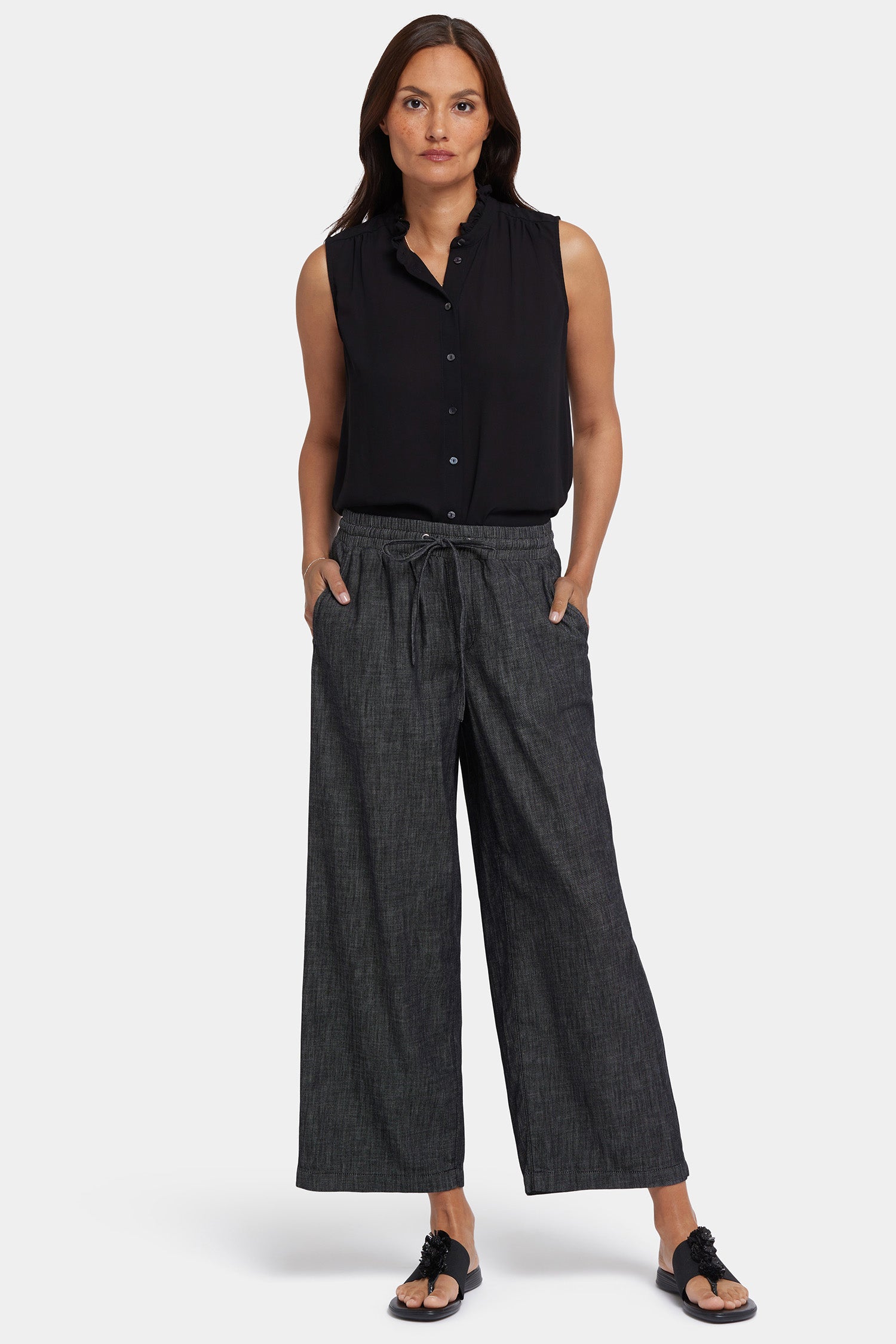 Jayne Pull On Wide Leg Ankle Pants for Petite Women - Black Rinse | Comfortable Stretch Work Pants for Office & Casual Wear