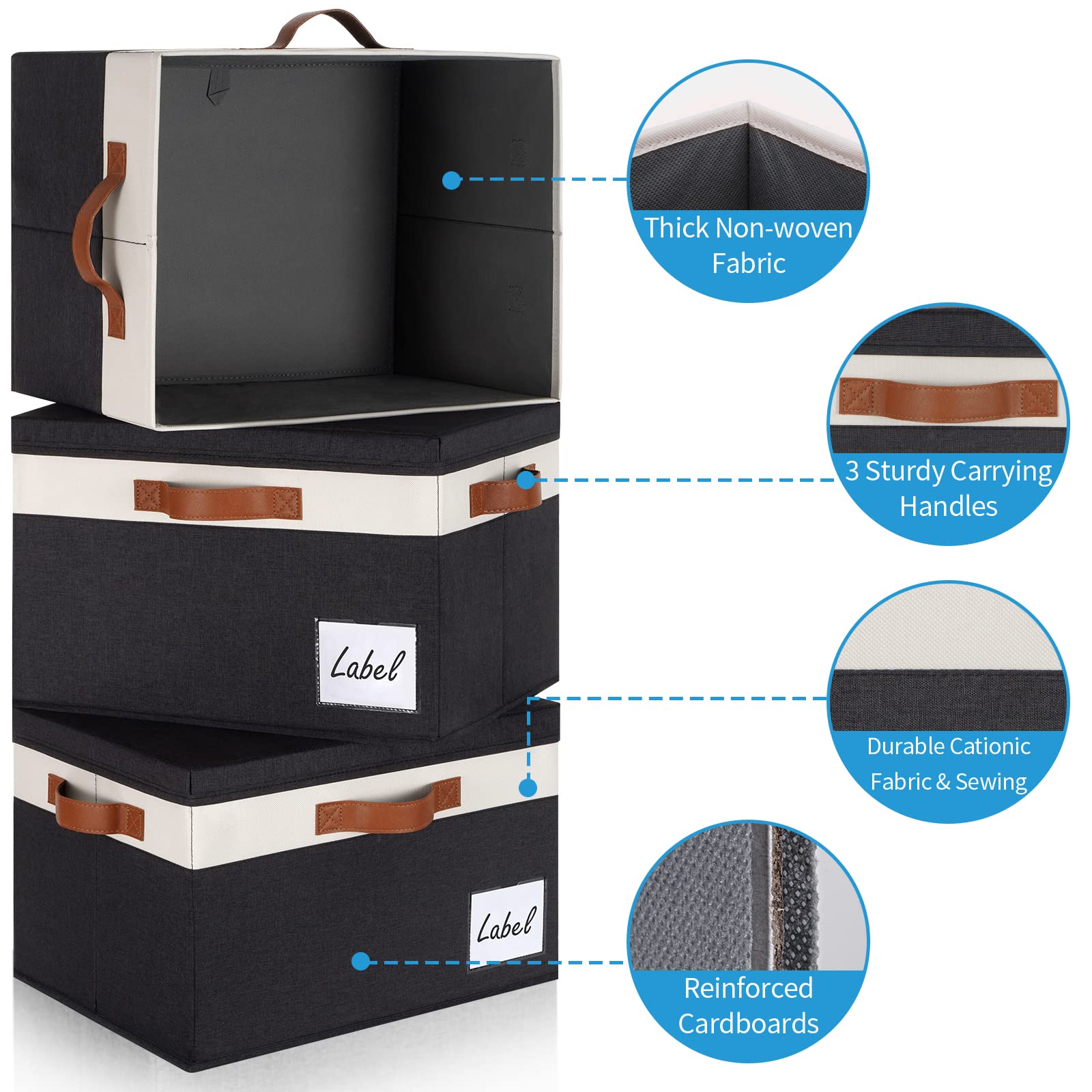 Sturdy Fabric Storage Bins with Lid (6-Pack) - Large Closet Organizer Boxes with 3 Handles & Label Window - Perfect for Home, Bedroom, Office & Kids' Toy Storage (Black, 15