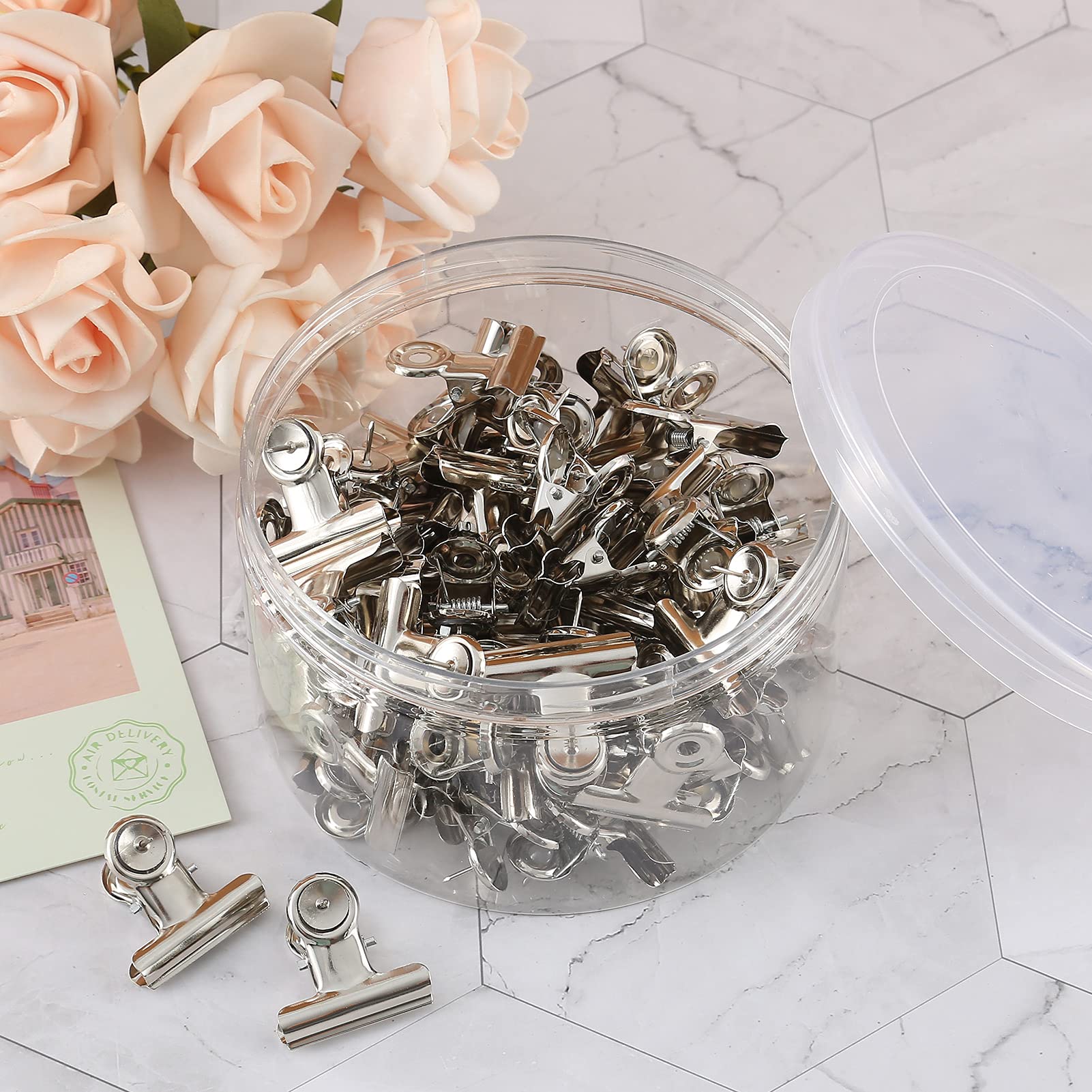 60 Pack Heavy Duty Push Pins & Bulldog Clips - No-Hole Paper Clips for Cork Boards, Bulletin Boards & Office Walls (Silver) | Perfect for School, Office & Home Organization