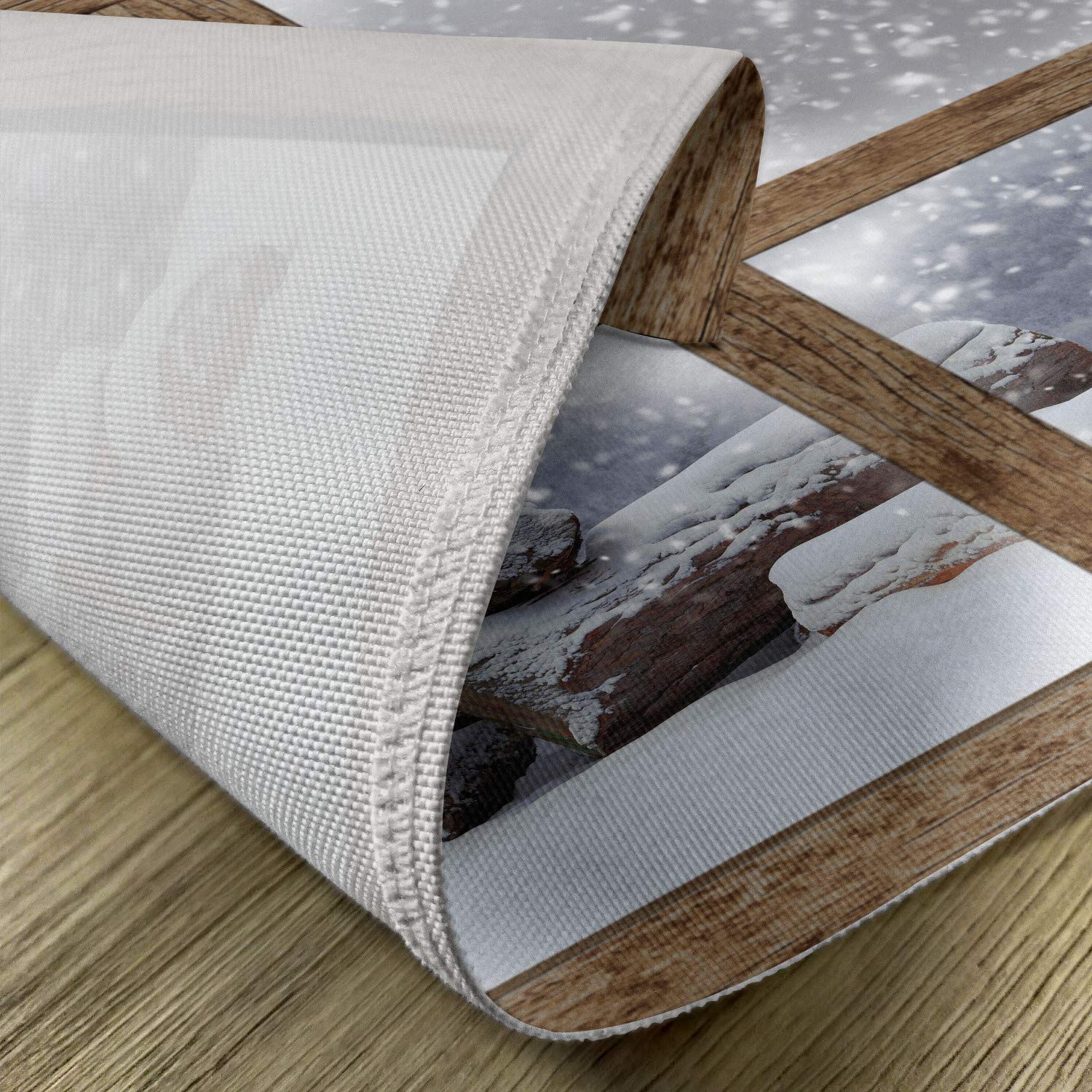 Ambesonne Winter Place Mats Set of 4 - Rustic Snowy Woodsy Frame Window View Print - Washable Fabric Dining Table Mats - Standard Size White & Khaki - Perfect for Christmas Decor, Cozy Cabin Dining, and Holiday Table Settings