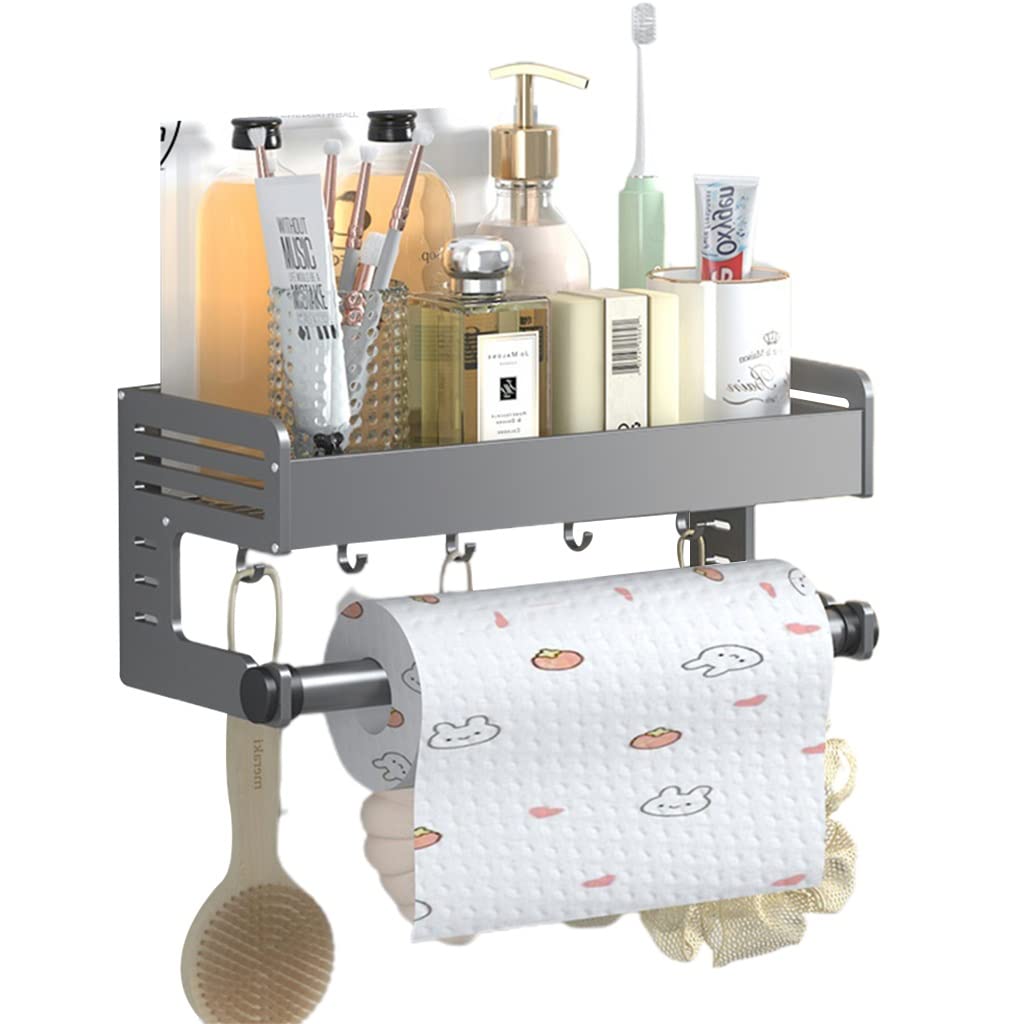 Rustproof Aluminum Alloy Bathroom Shelf Organizer with Hooks & Towel Rack - 30cm Shower Caddy for Toiletries, Cosmetics Storage (Gray) | Perfect for Small Bathrooms, Apartment Showers & Spa-Like Organization